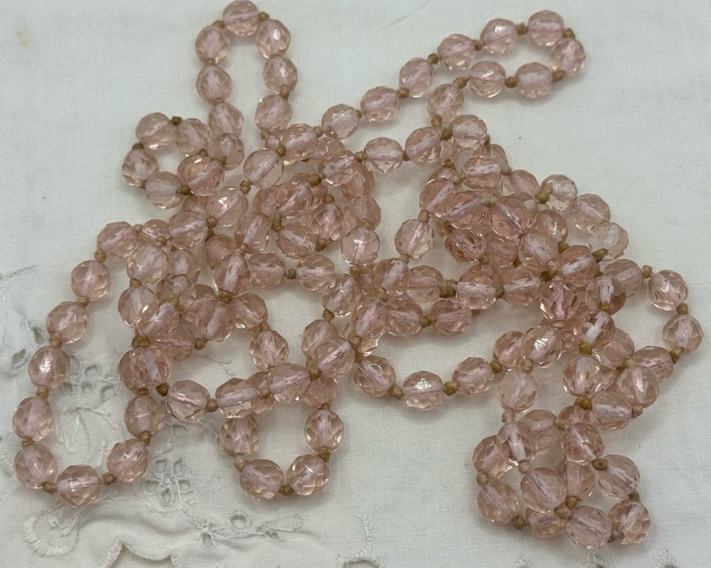 Vintage 30’s No Clasp Hand Knotted Art Deco Pink Crystal Necklace