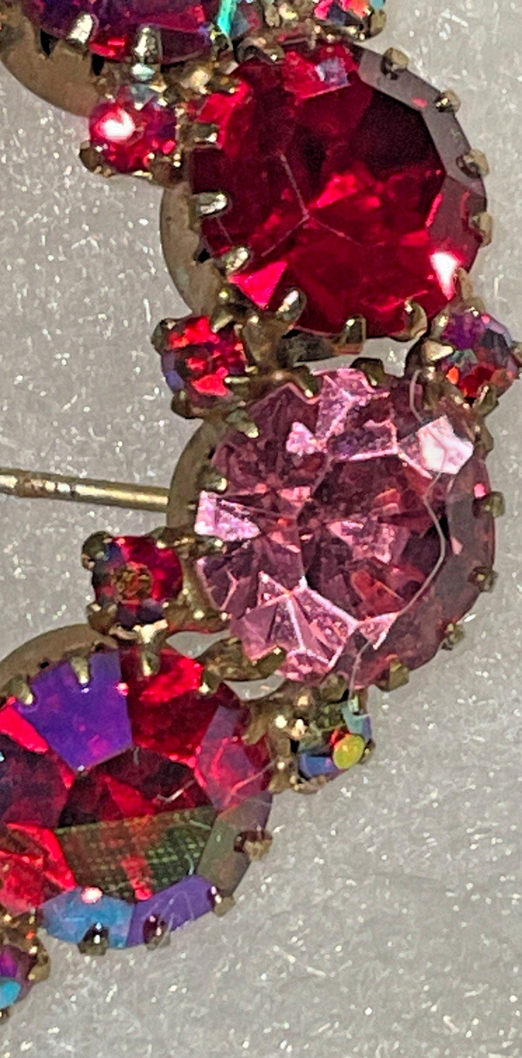 Vintage WEISS Brooch Pink Fuchsia Ruby Red Aurora Borealis Rhinestone Signed