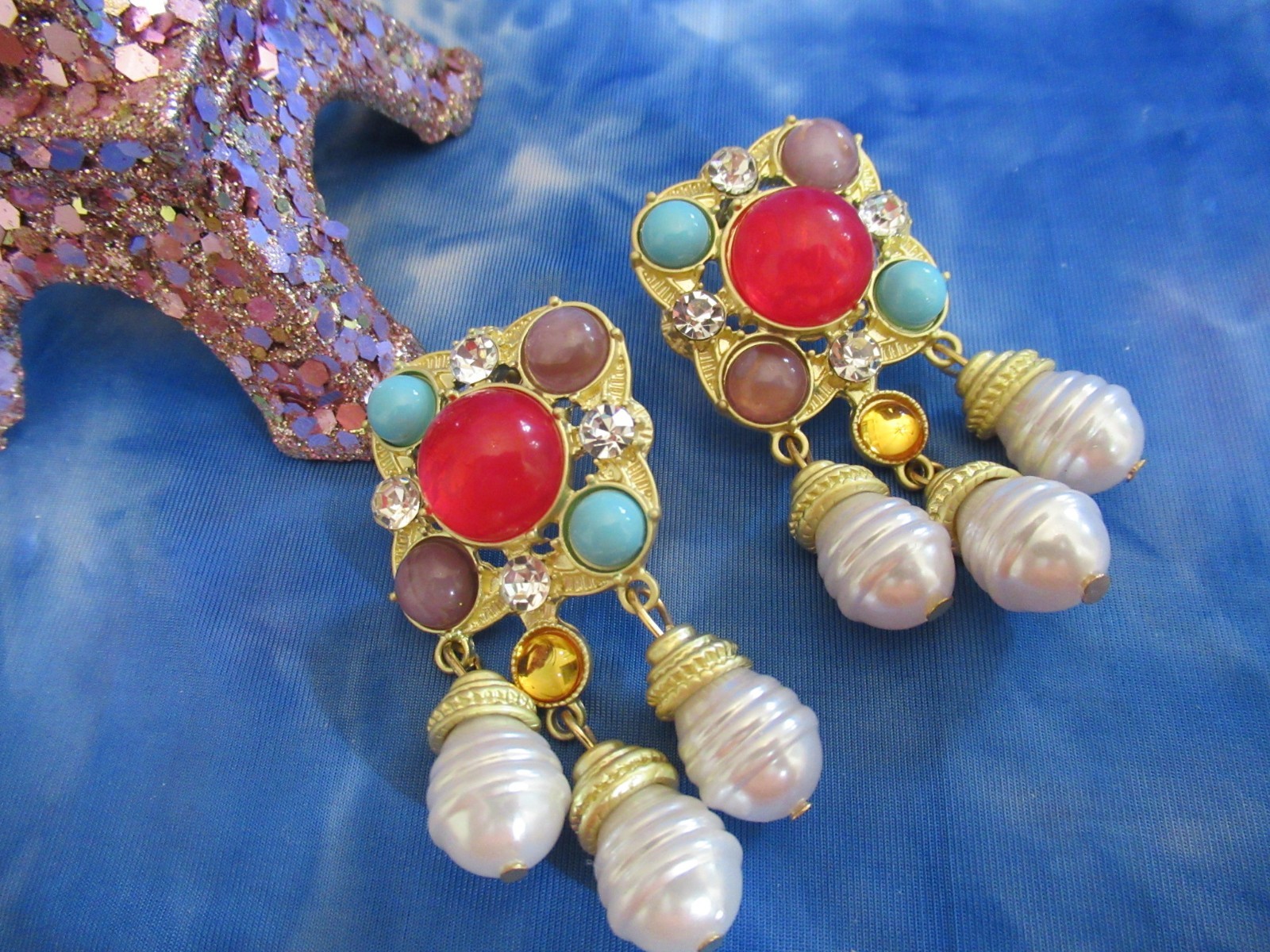 Ornate Style Cabochon Earrings Gold Tone Multi-color Faux Pearl Pierced