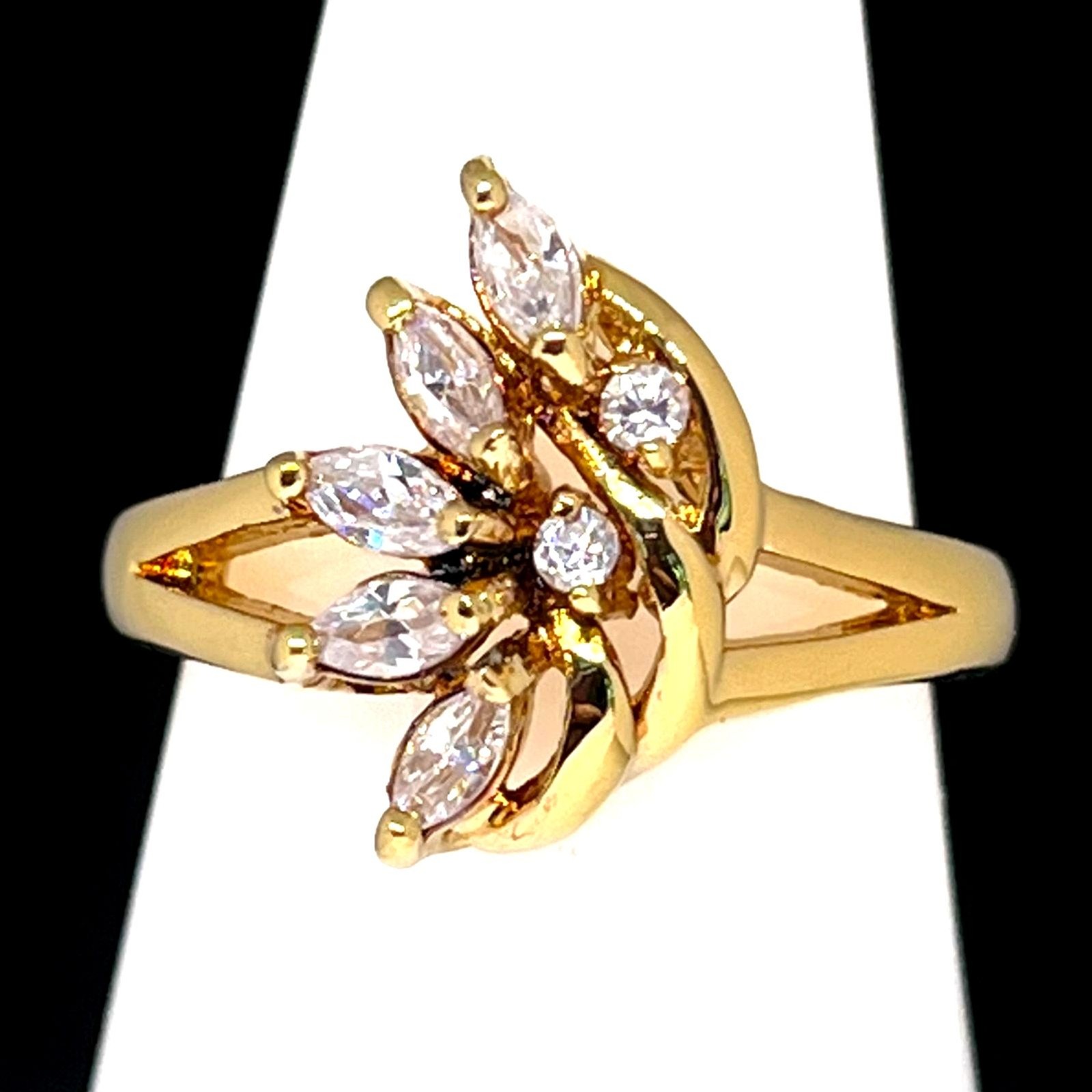 Vintage 1970s Ring Size 9 CZ Cluster Marquise Prong Set Gold Plated – 14I