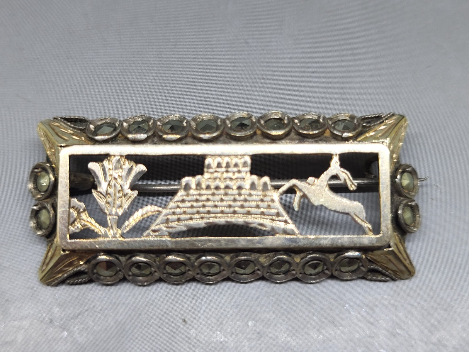 Egyptian Revival Era Marcasite 9 Karat Gold on .925 Sterling Silver Pin Brooch