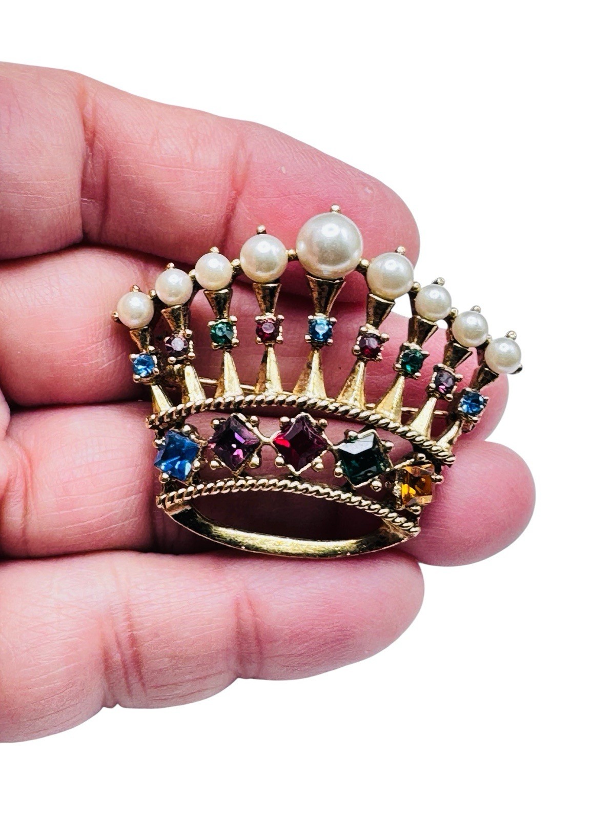 Vintage Rhinestone Pearl Crown Brooch Colored Glass Stones Gold Tone Nice
