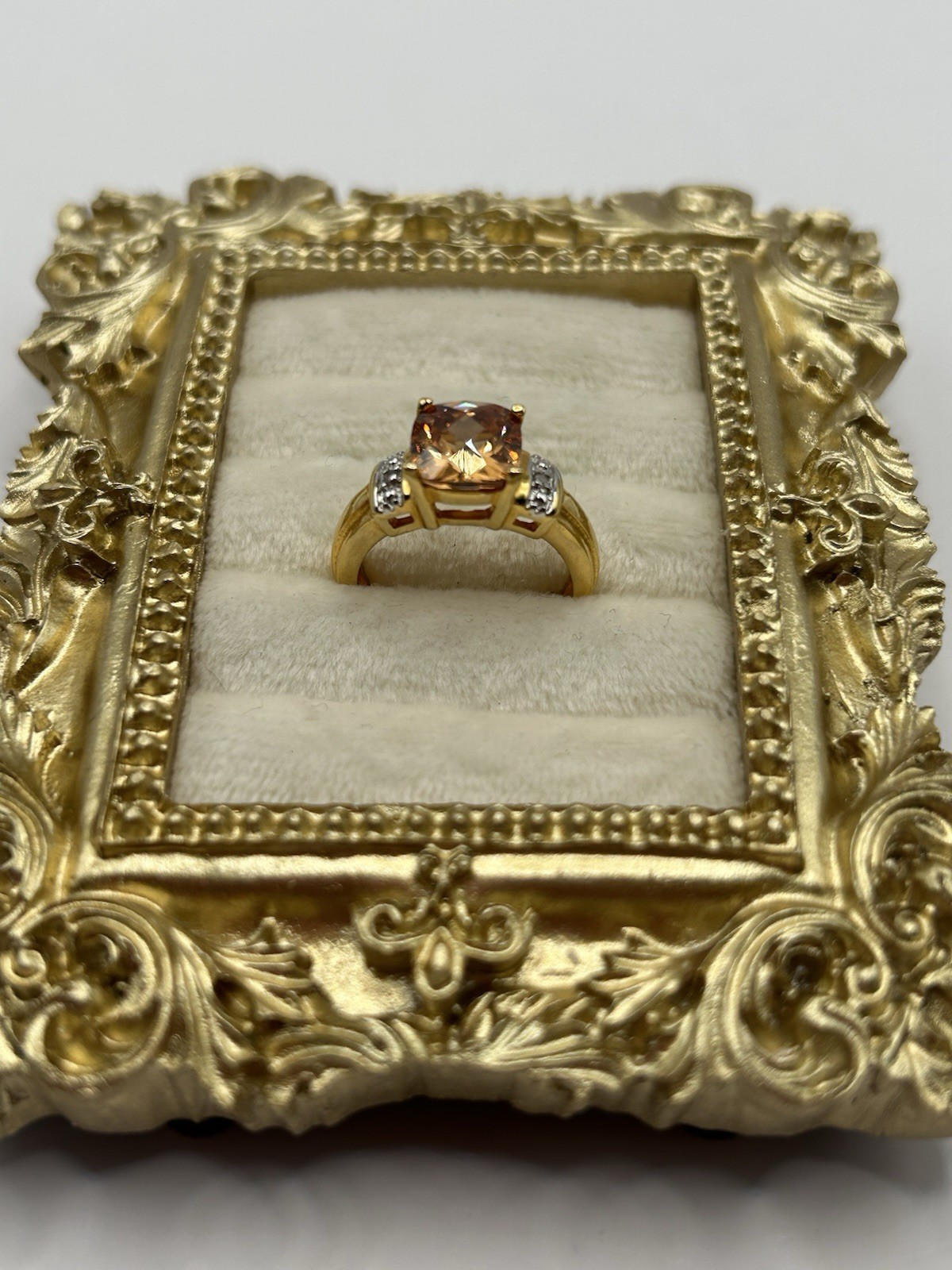 Vintage Gold Tone Cushion Cut Champagne CZ Ring w/ Accents Size 6 Costume