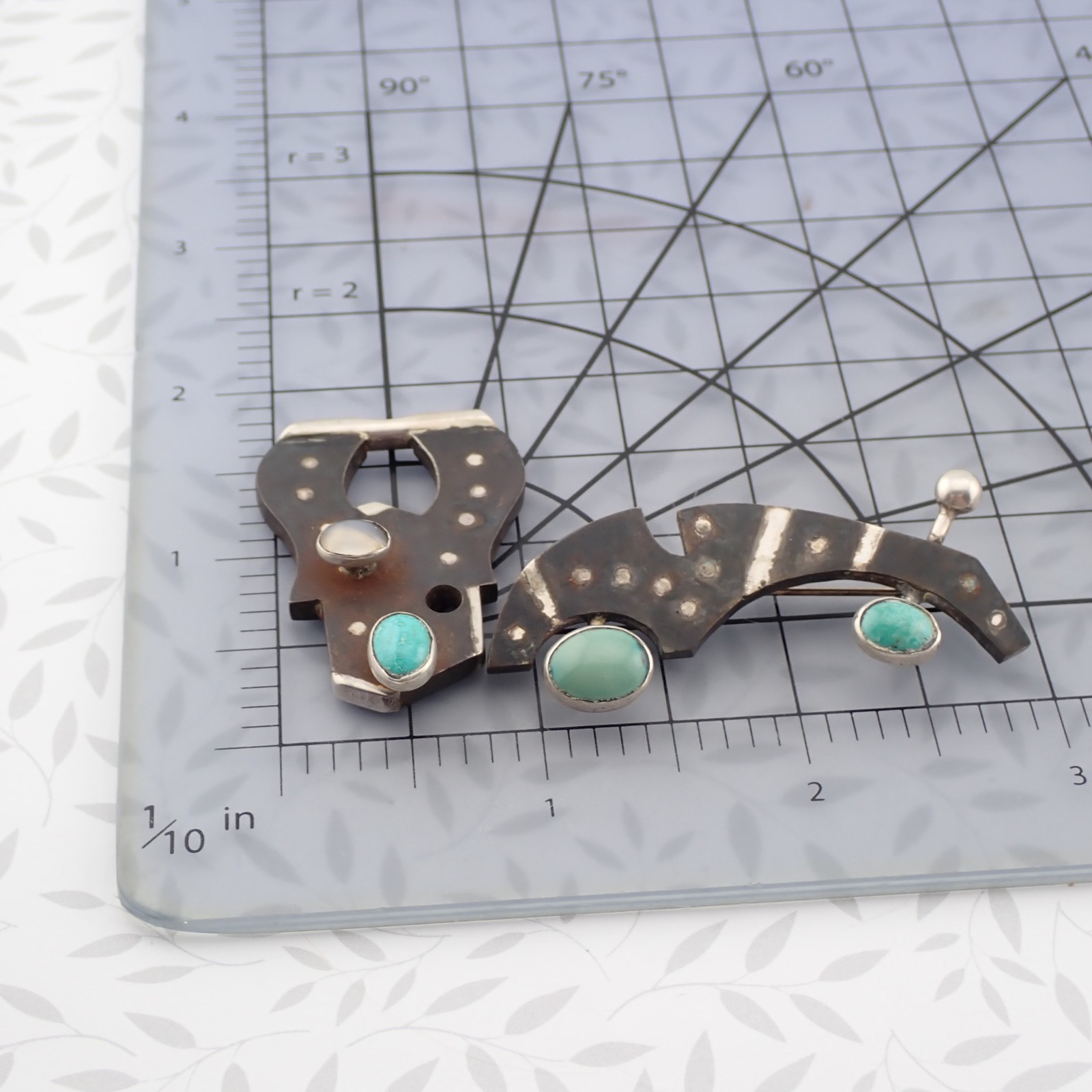 VTG Abstract Modern Sterling Silver Mixed Metal Turquoise Quartz Pin Pendant Set