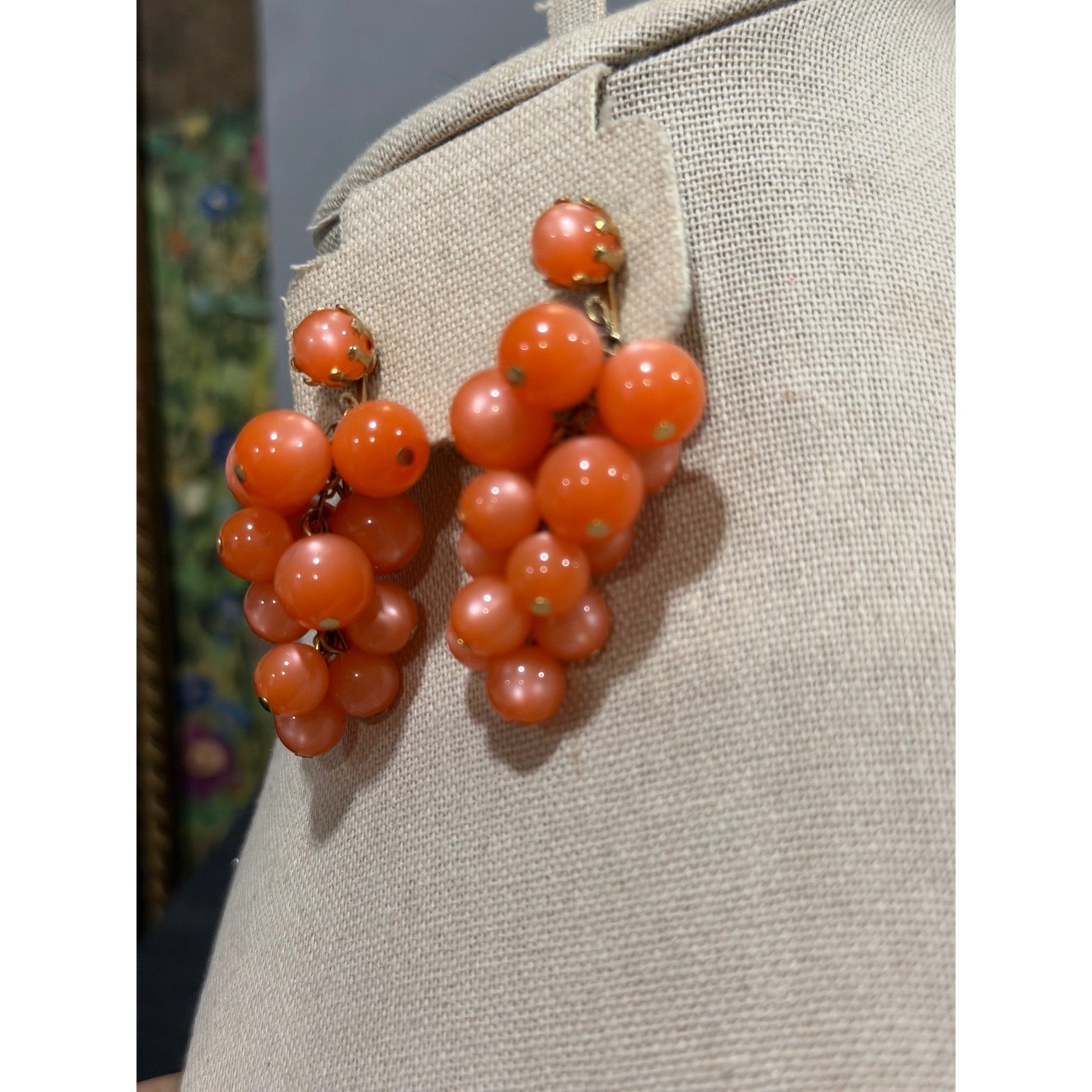 Vintage Grape Cluster Orange Moon Glow Earrings Mid-Century Clip-On