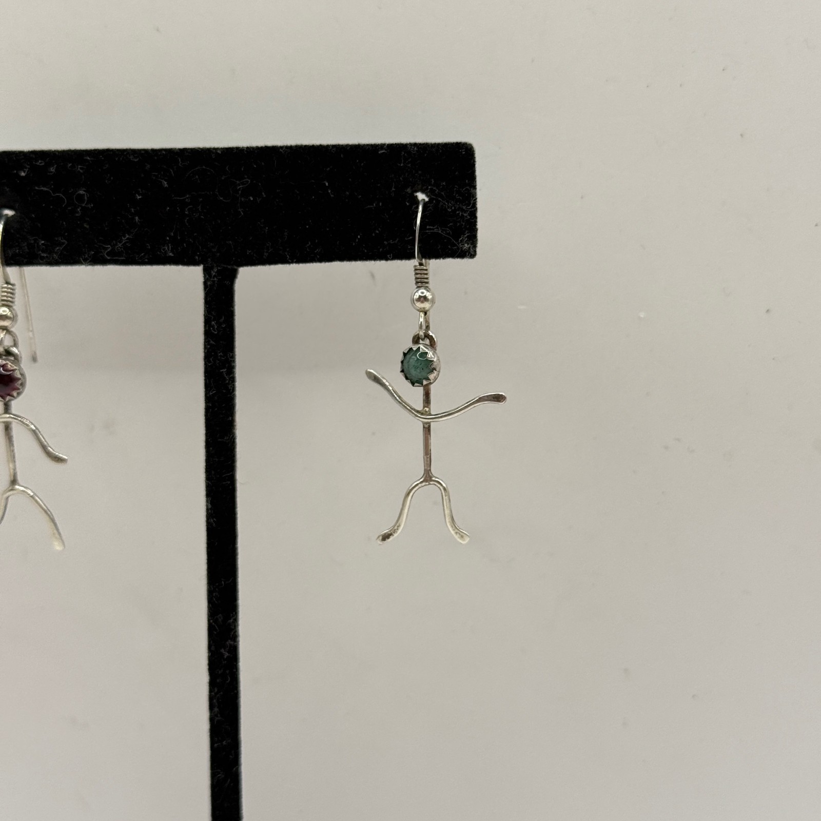 Vintage Artisan Sterling Silver Stick Figure Dangle Earrings Gemstone Heads Cool