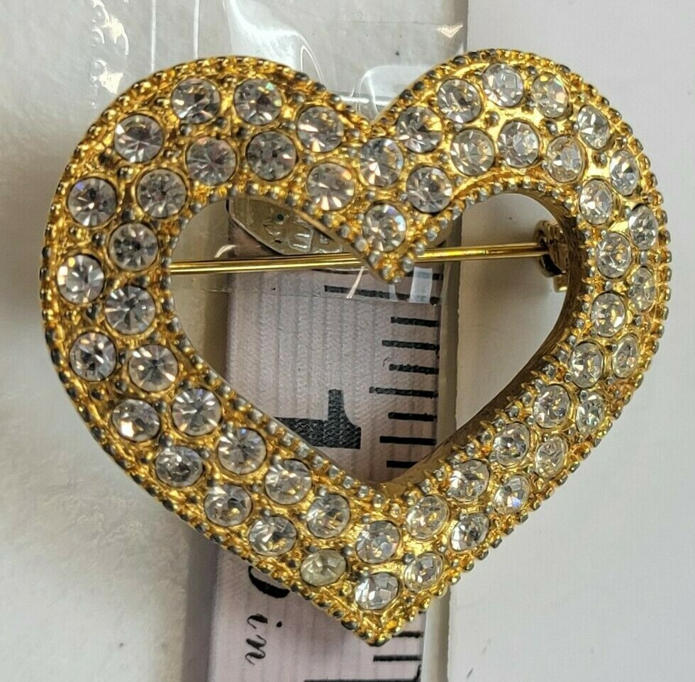 Heart Brooch Vintage Gold-Tone Pave Rhinestones 41mm x 39mm Made in USA