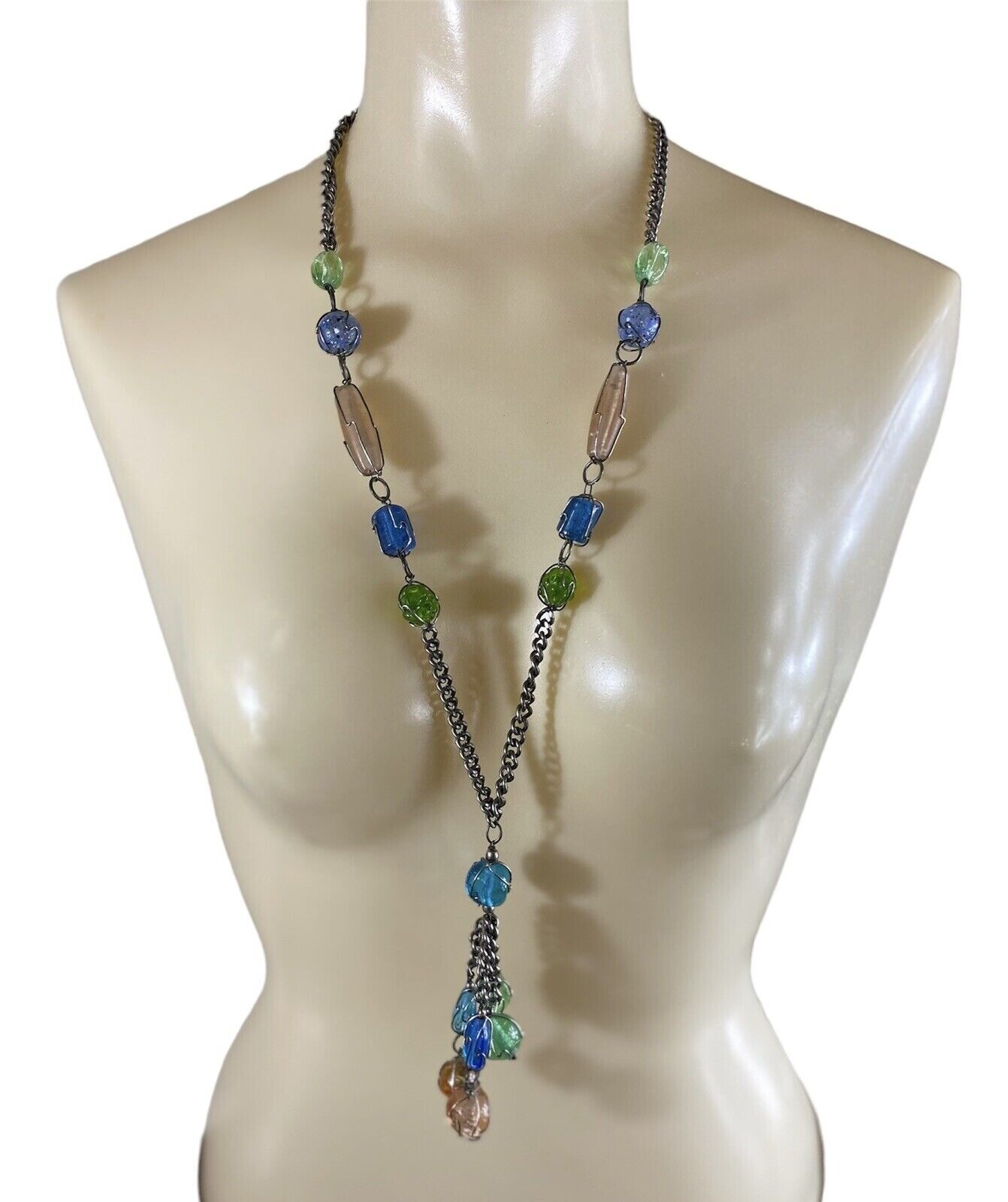 VTG Wire Wrapped Cage Glass Bead Silver Tone Necklace Pastels Pink Green Blue