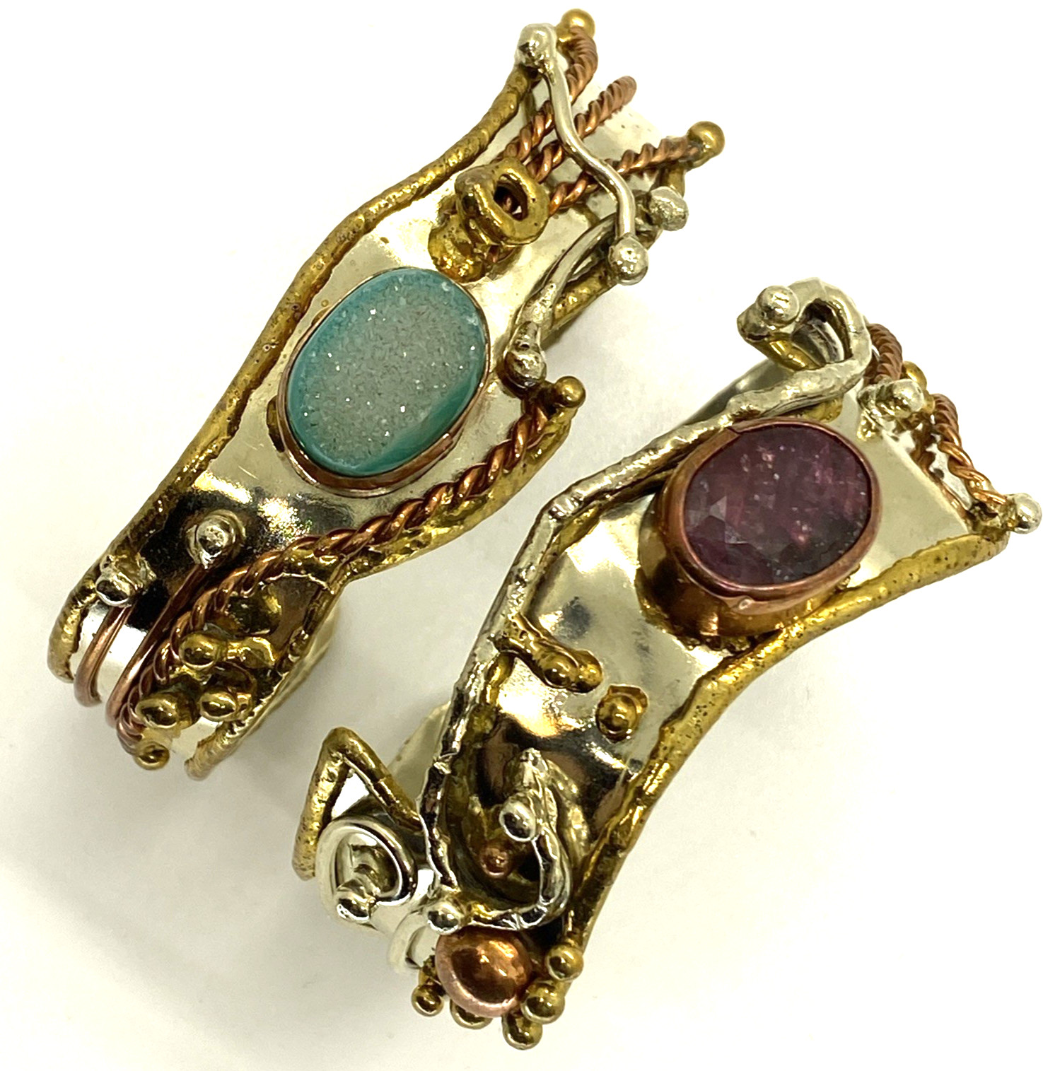 Lot 2 Artisan Brutalist 1″ Cuff Bracelets Silver-tone Brass Copper Natural Stone