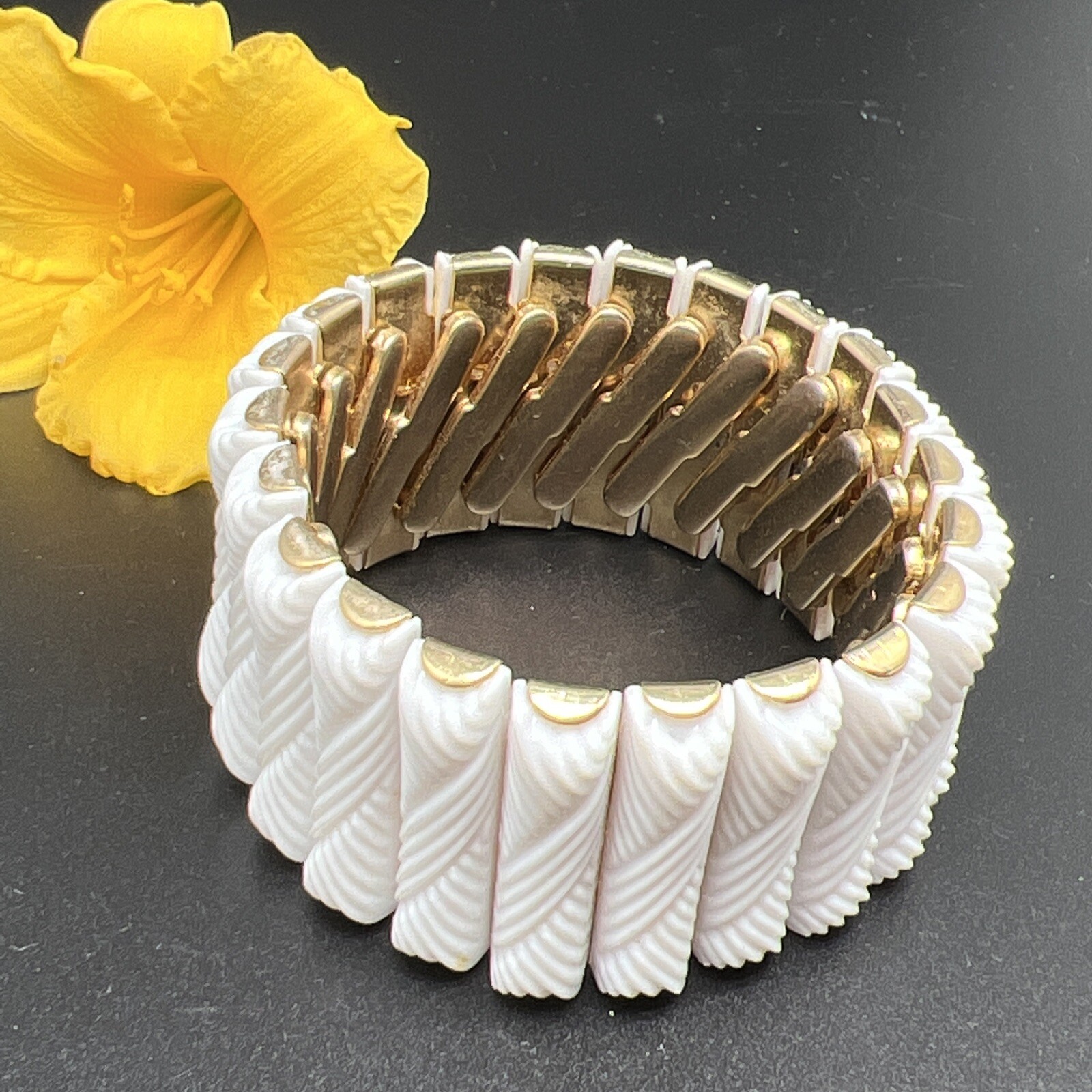 Vintage hard white plastic gold tone stretch expanding cuff bracelet Hong Kong