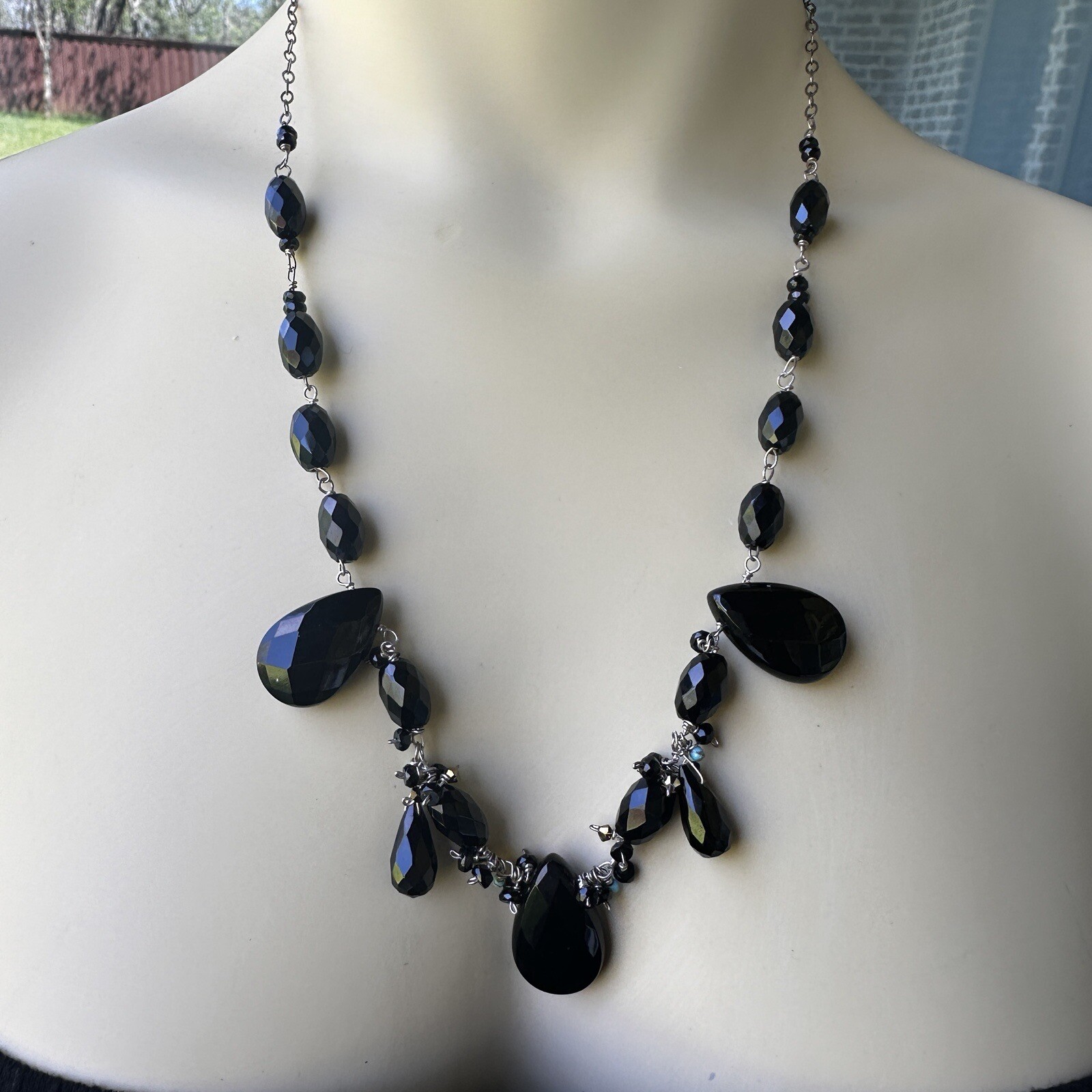 VTG Beaded Necklace 22 Inch Polished Glass Oval Black Faceted 925 Sterling