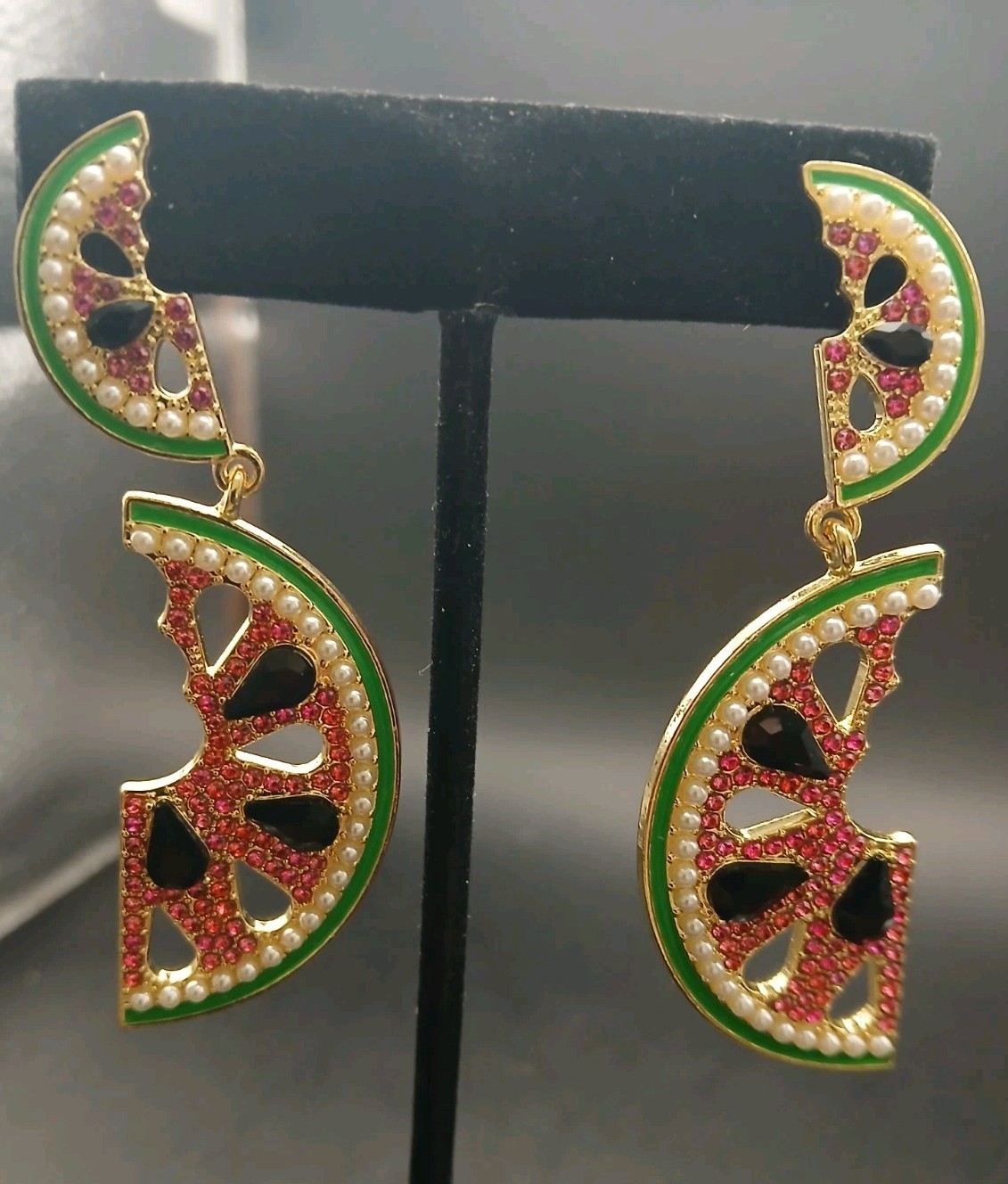 Sugarfix “Watermelon” Shaped Earrings Tiny Pearls, Rhinestone, Enamel, Earrings