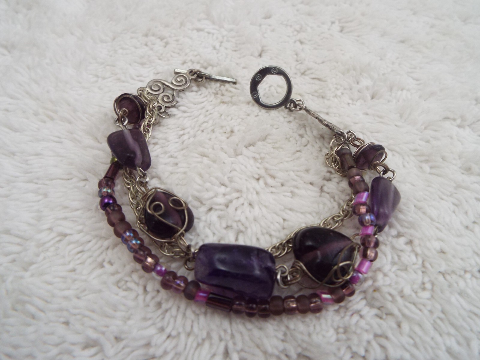 Silvertone Amethyst Stone & Glass Bead Bracelet