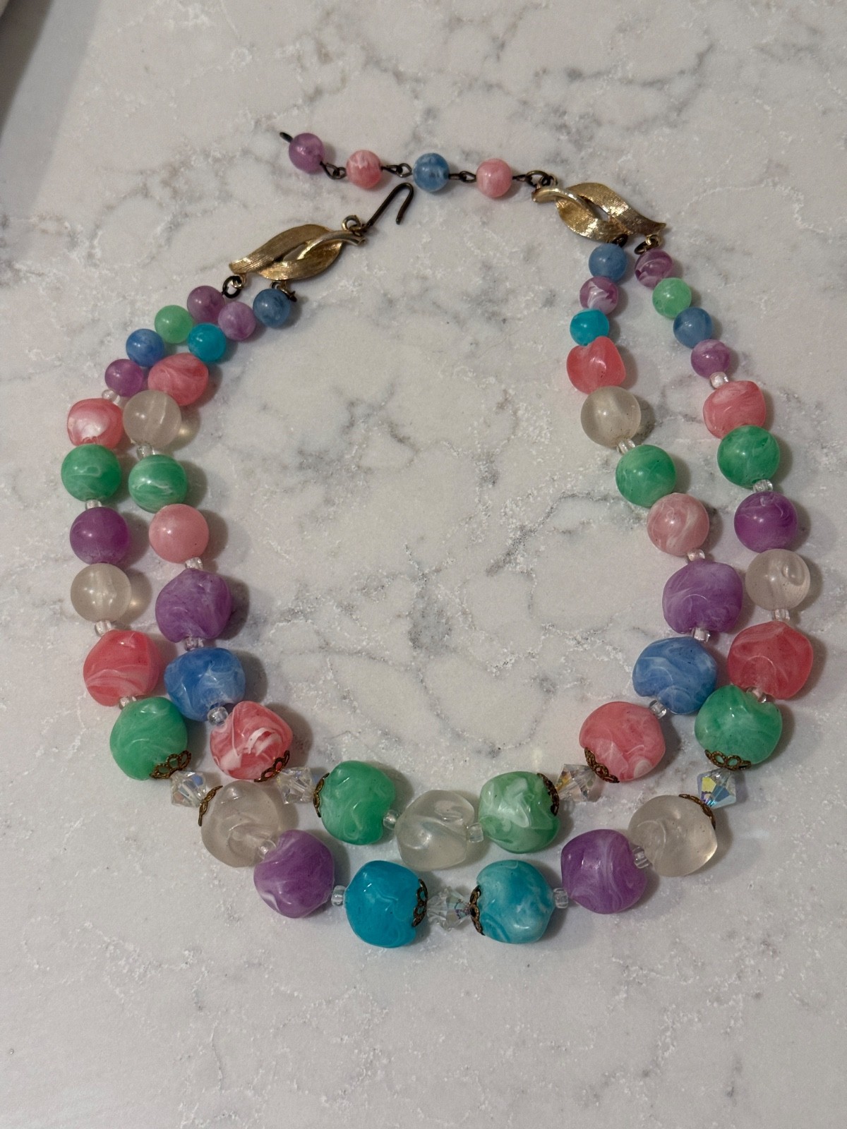 Vintage 2 strand chunky necklace statement acrylic and AB stones marbled Spring
