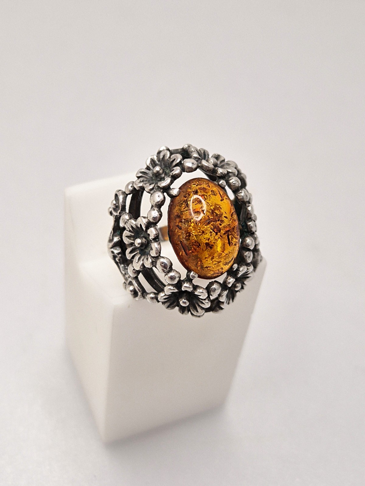 Vintage silver amber floral design ring (following N.E.From)