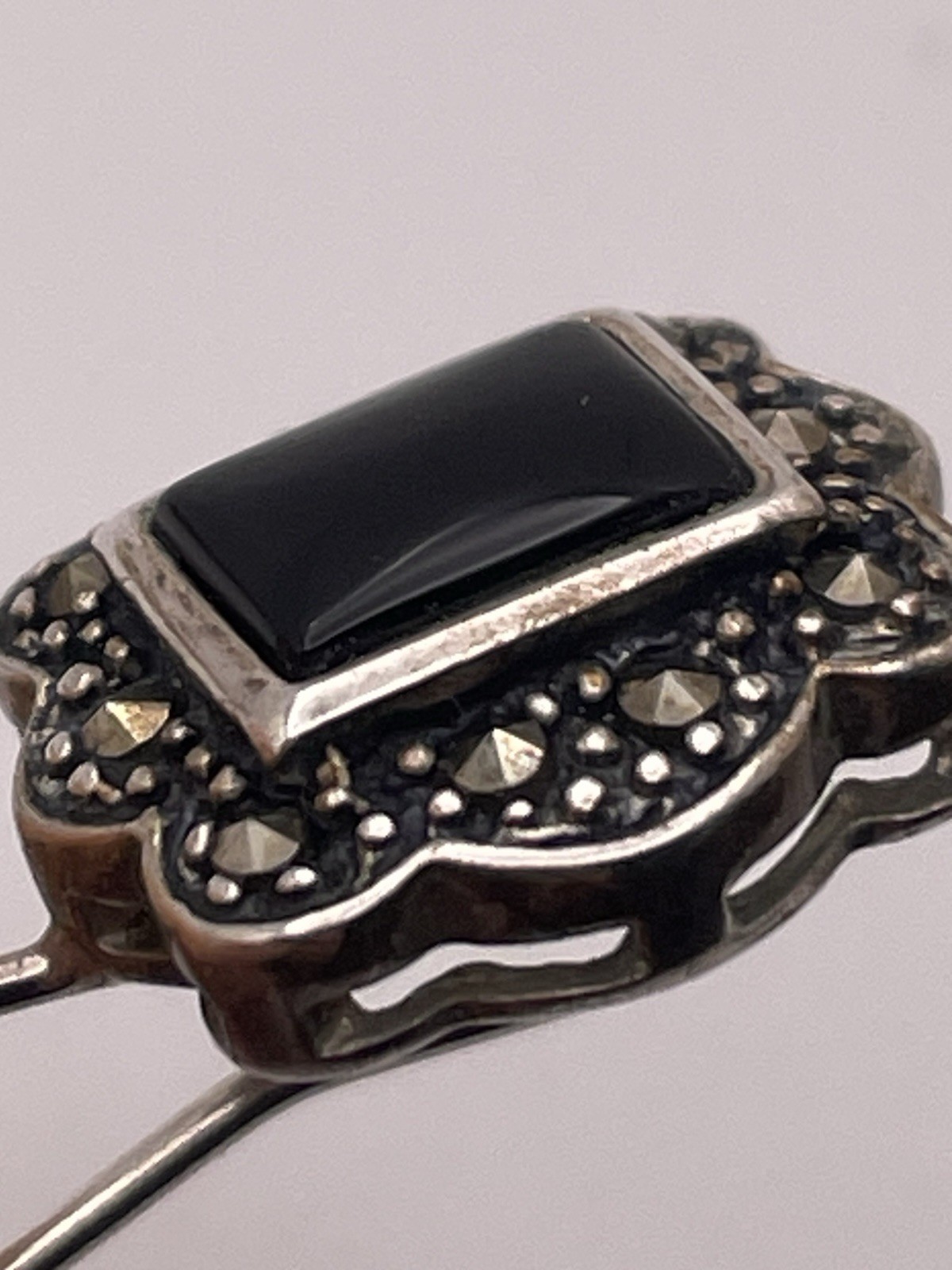 Vintage Sterling Silver 925 Onyx Marcasite Hook Earrings Dee Berkley DBJ 7/8”