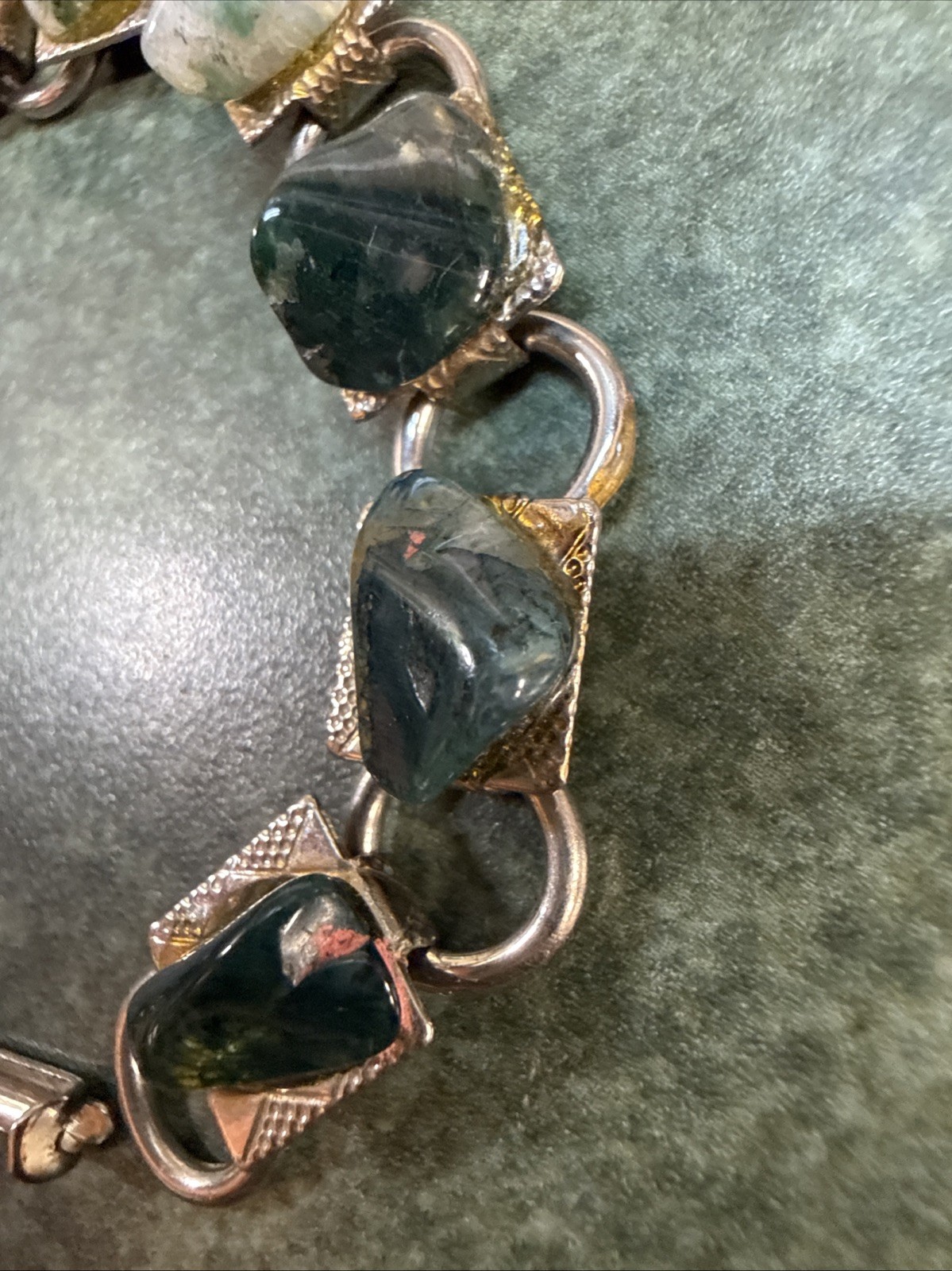 Vintage Polished Stone Link Bracelet multi color natural Green-earthtone jewelry