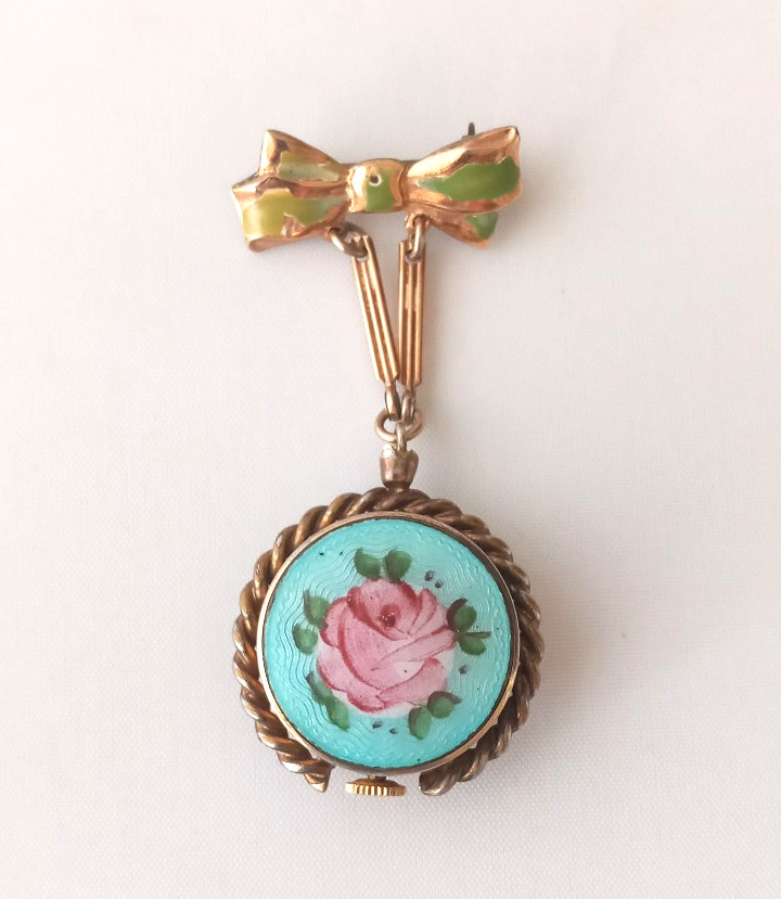 Vtg. CROTON Deco Enamel Guilloche Bow Pin Brooch Manual Swiss Watch