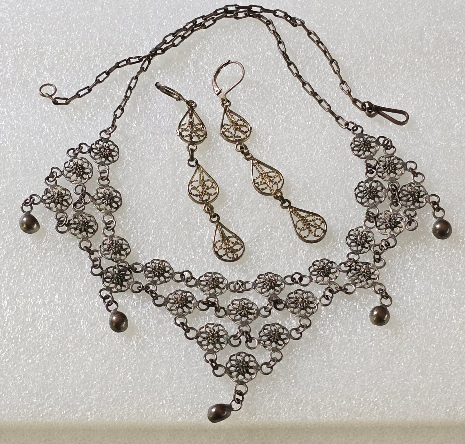 Vintage Etruscan Chain Mail Dangle Necklace & Cannetille Drop Pierced Earrings