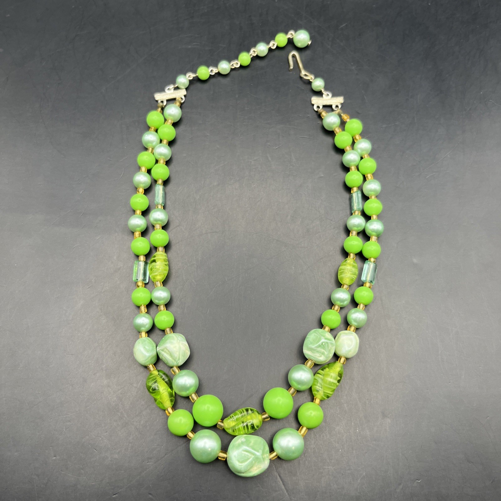 Vintage Green Multi Strand Collar Necklace Faux Pearl Art Glass Japan Layered