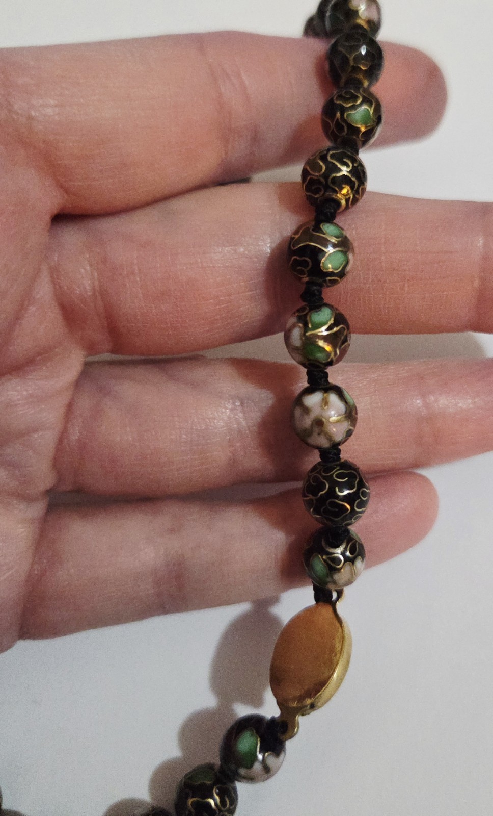 Vintage Chinese Cloisonne Floral Bead Hand Knotted Fish Hook Clasp Necklace