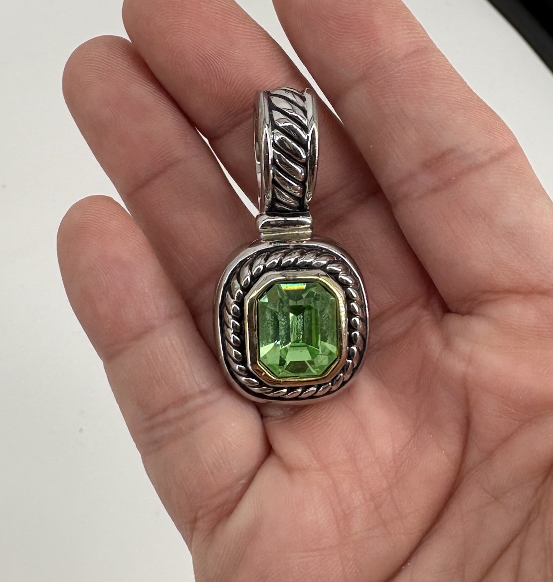 John Candice Green Gem Pendant Silver Tone Rope Border Mixed Metal Jewelry