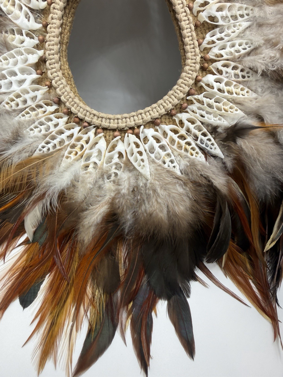 Vtg Statement Woven Collar Necklace Shell Feathers Beaded Native Jute Tribal 13”