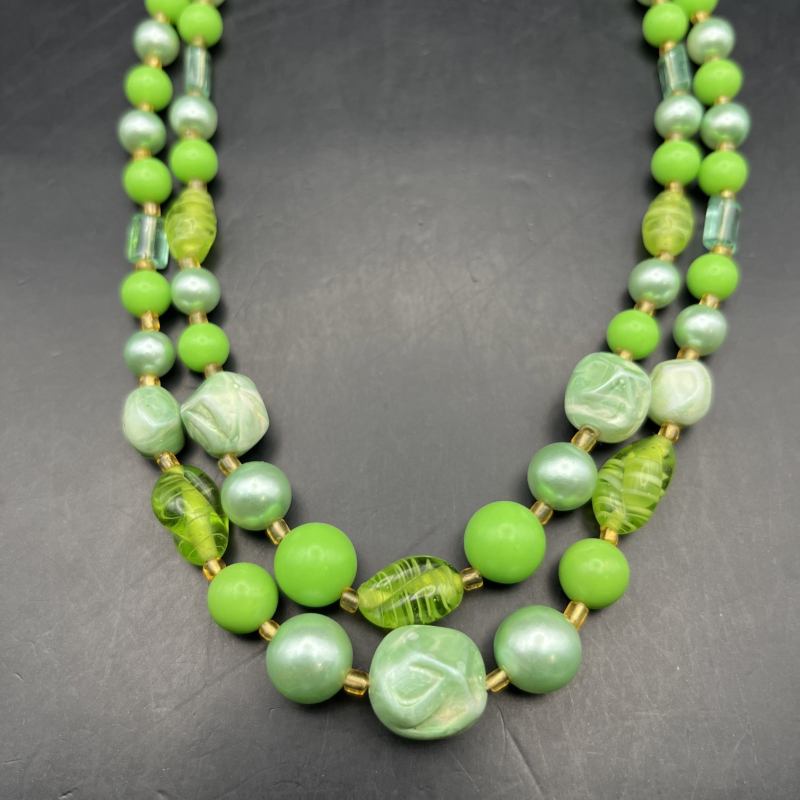 Vintage Green Multi Strand Collar Necklace Faux Pearl Art Glass Japan Layered