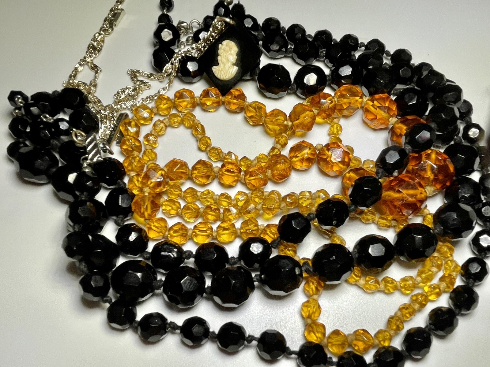 Necklaces- Czech Amber & Jet Glass Austrian & Rhodium W/ Bakelite Cameo Germany