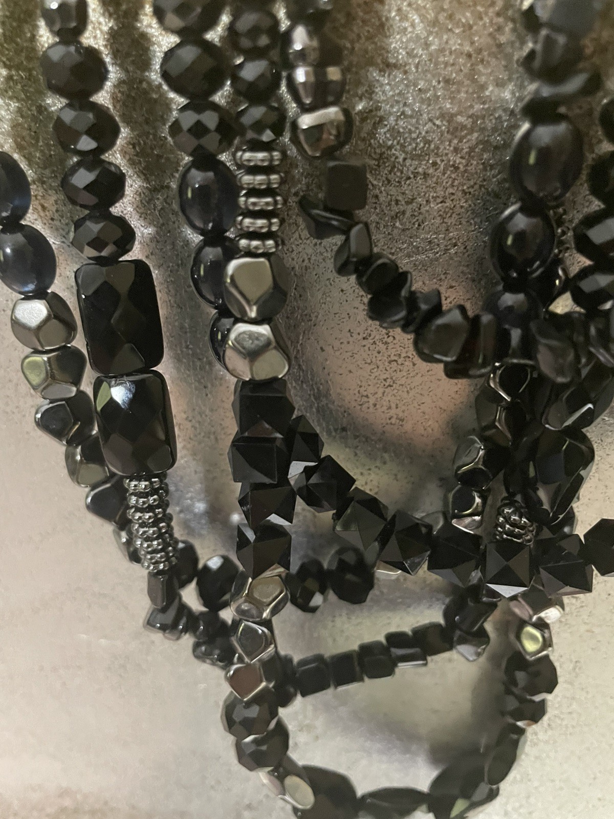 Vintage Black Crystal Like Multi-Strand Necklace: Elegant Beaded Jewelry 50”