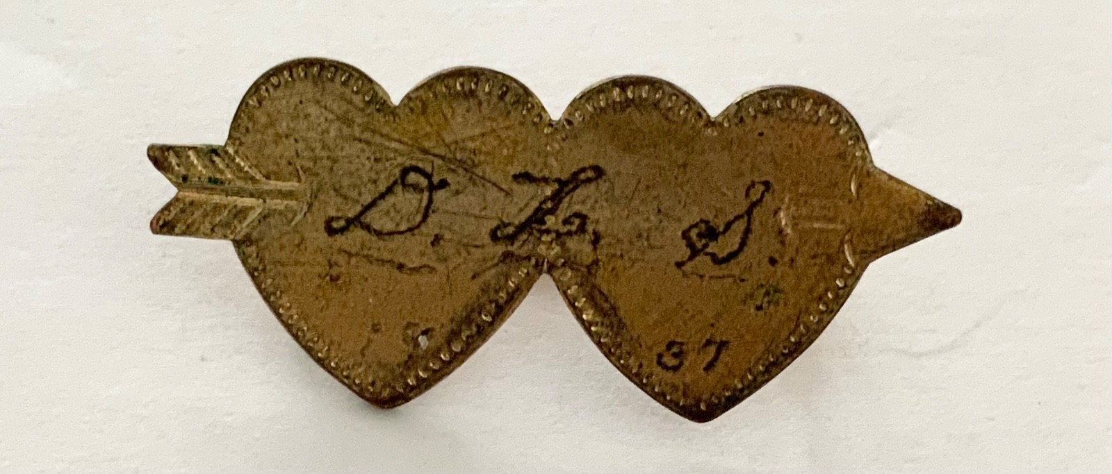 Victorian Sweetheart Pin Double Heart Brass Brooch – Initials D L S – Dated 1937