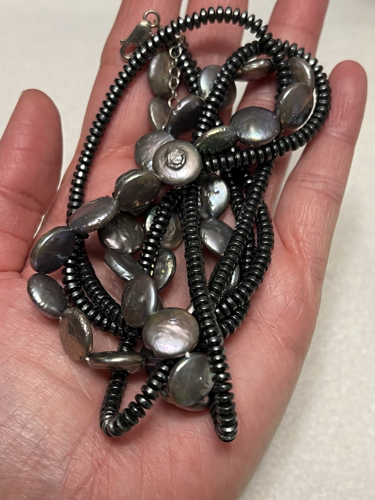 VINTAGE ESTATE STERLING 925 3 STRAND GENUINE COIN PEARL HEMATITE NECKLACE 17-18