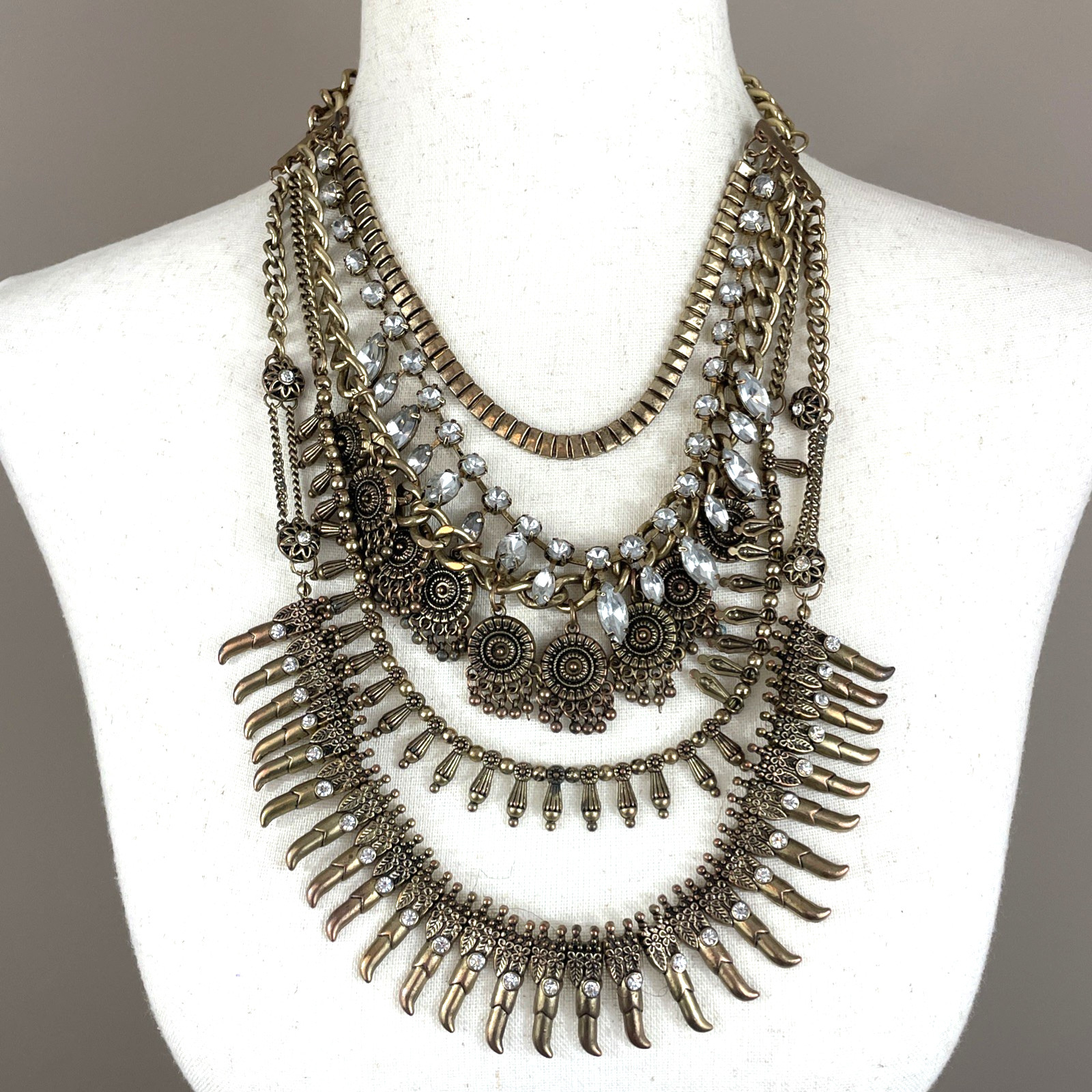 Vintage Egyptian Style Five Strand Bronze-Tone Fringe Layered Necklace 18″