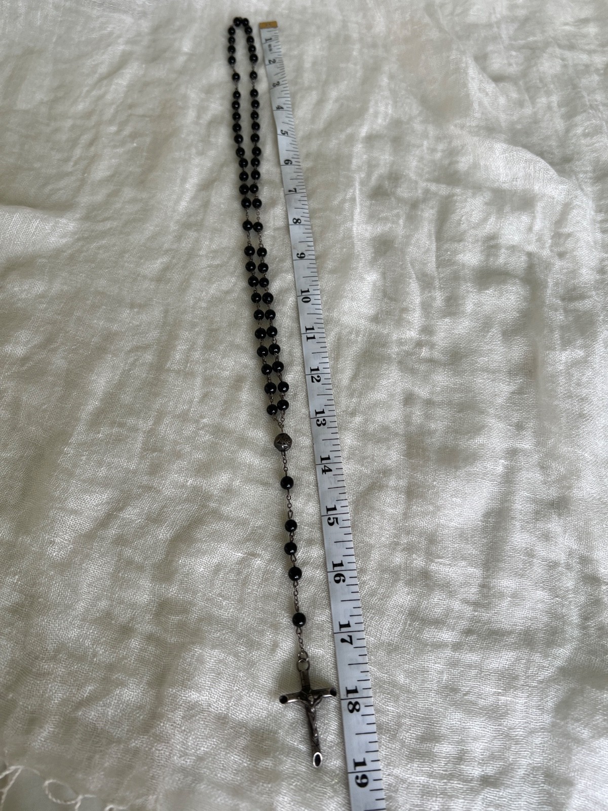 Vintage Black Glass Bead & Silver Tone Rosary 1990s – 20″