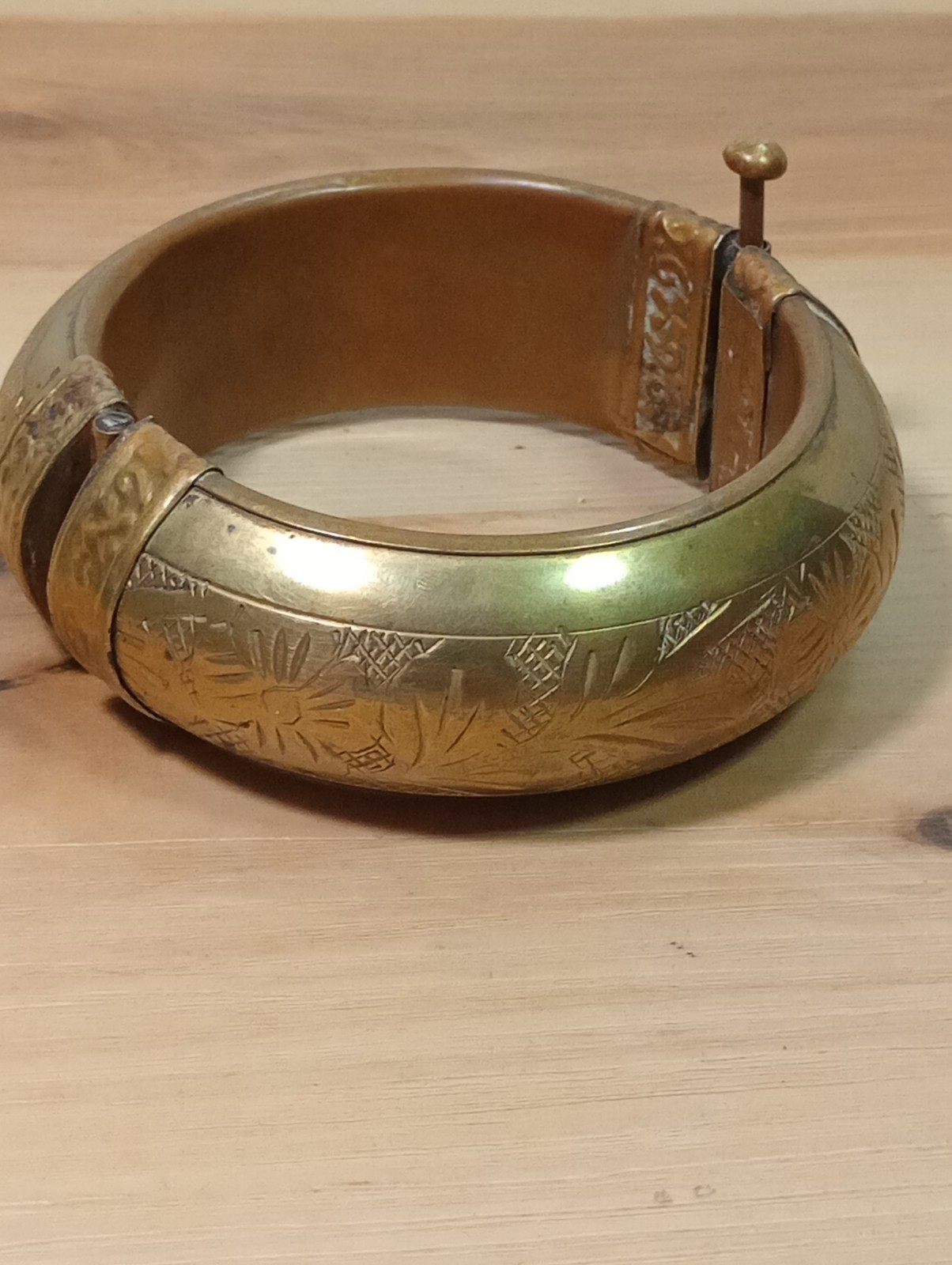 Vintage hinged brass bangle bracelet with etchings/ pin closure Morocco Or India
