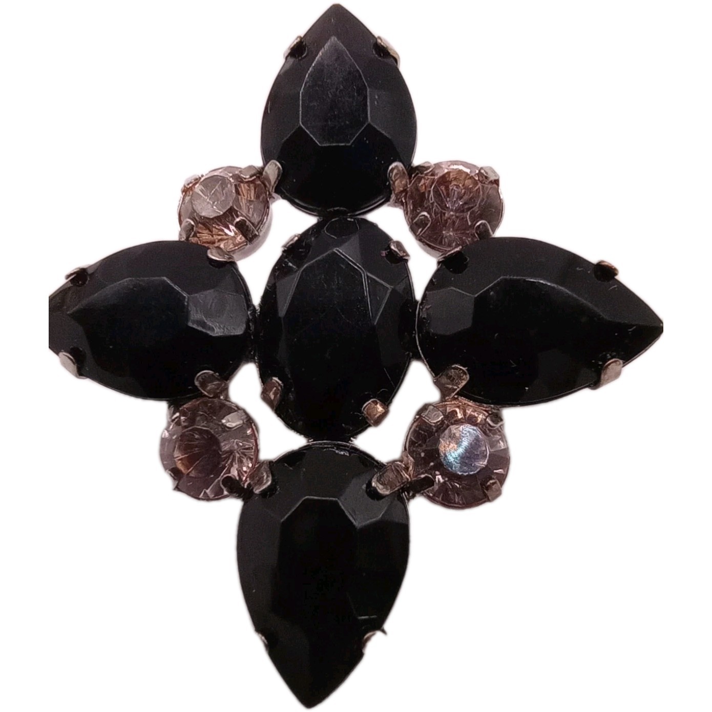 Vintage Black Smoky Rhinestone Floral Brooch Cluster Prong Set Pin 1 3/4 D