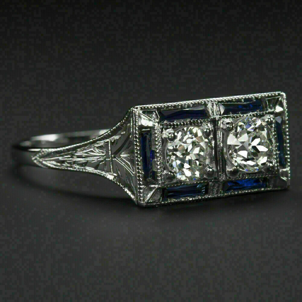Two Stone 1/2Ctw White Round Cut CZ Antique Art Deco Wedding Ring In 925 Silver
