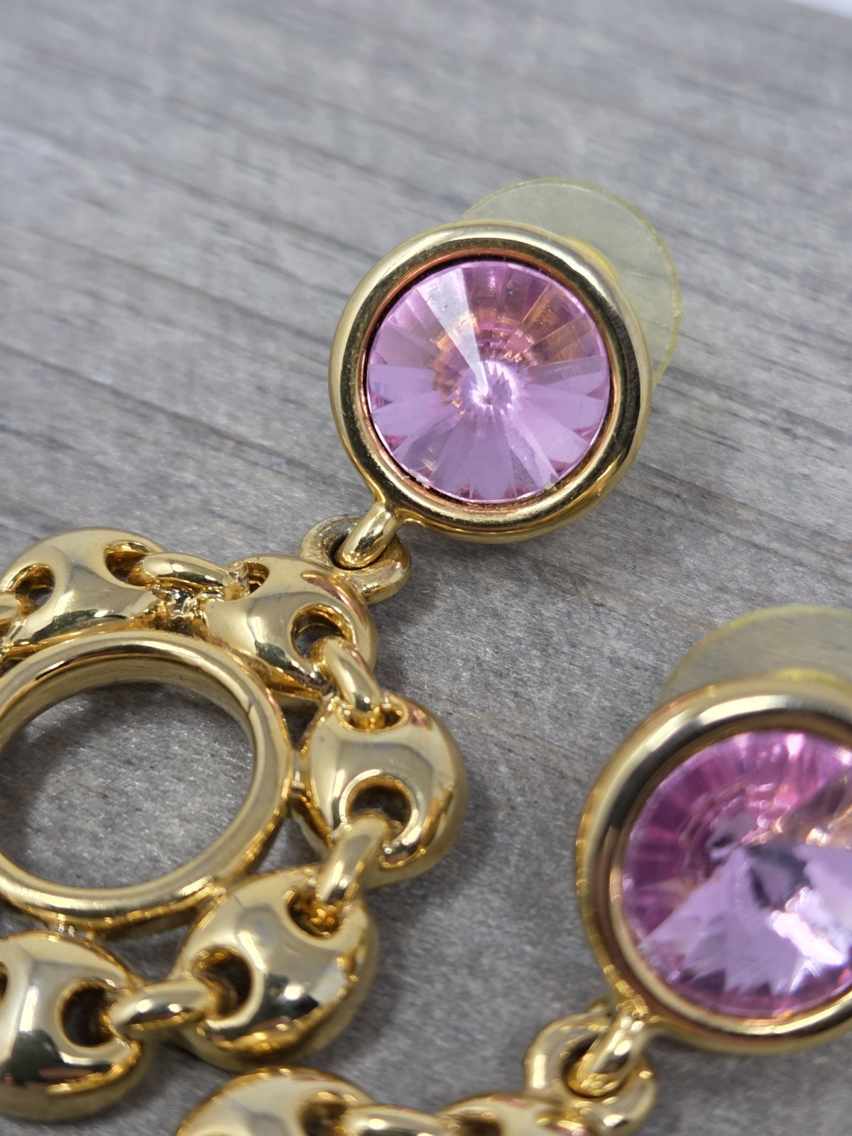 Gold Tone & Pink Acrylic Rhinestone Dangle Drop Hoop Earrings Vintage 1.7 Inches