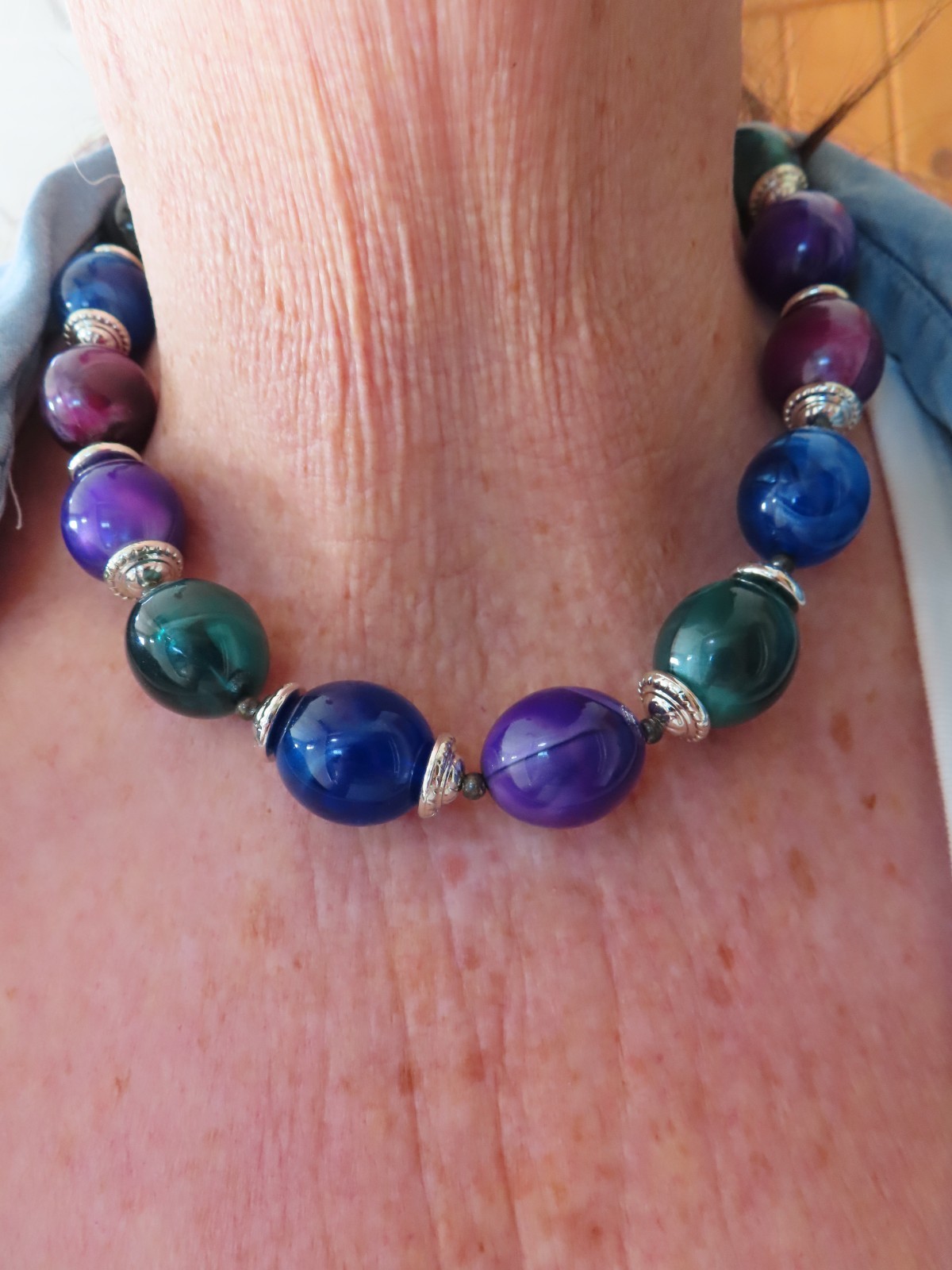 Vintage Green, Purple & Blue Silver Tone Necklace