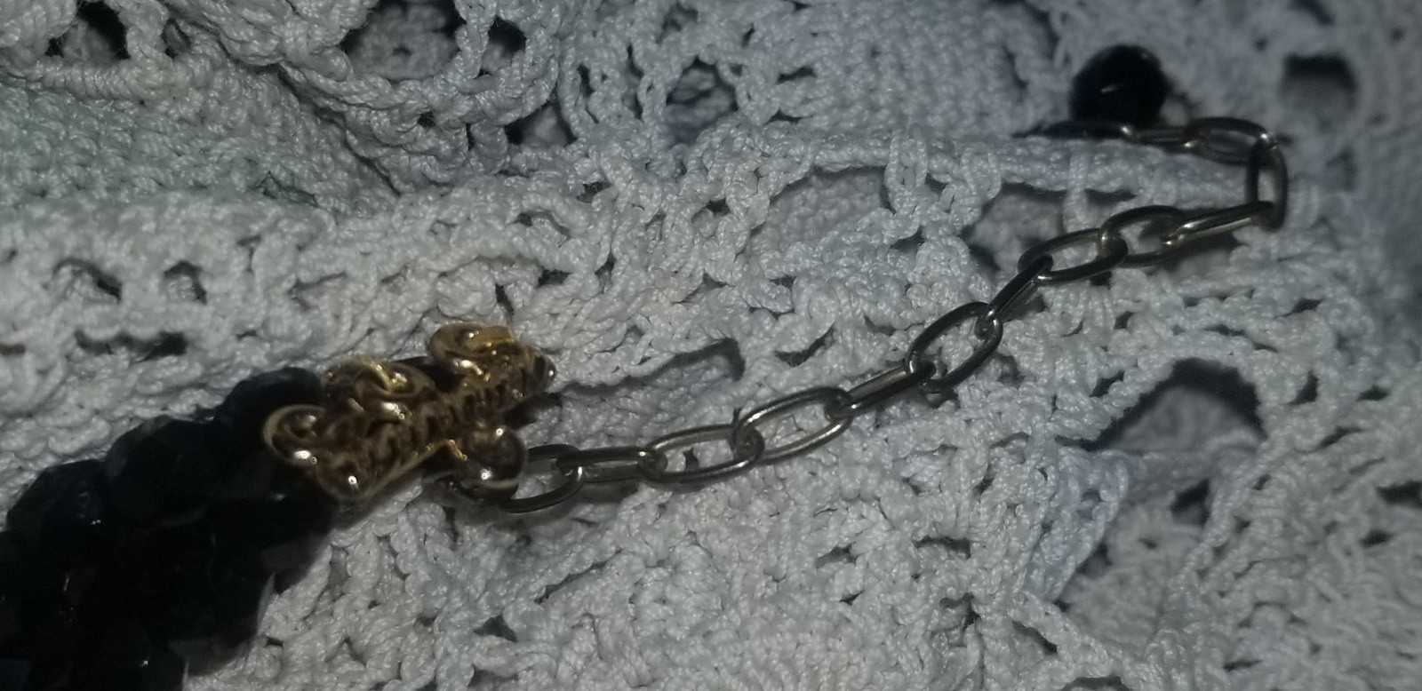 Cameo Necklace, Antique Jet Black Glass,3 Strand Choker, 16 1/2 inch, Gold Tone
