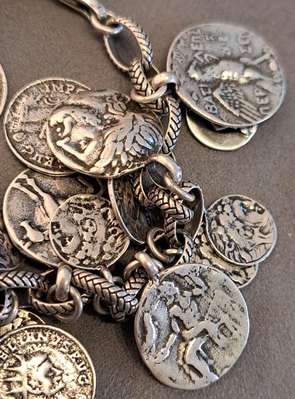 Silpada Sterling Silver Roman Coin Cha Cha Charm Bracelet 8″ Adjustable 66 grams