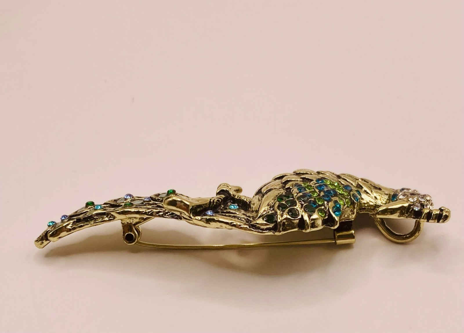 Gold-Tone Peacock Brooch Pin Blue Purple Rhinestones -20B