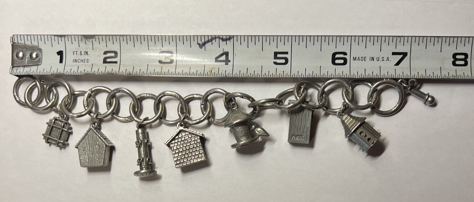 Vintage Jim Clift Pewter Signed Birdhouse/Bird Feeder Charm Bracelet Unique