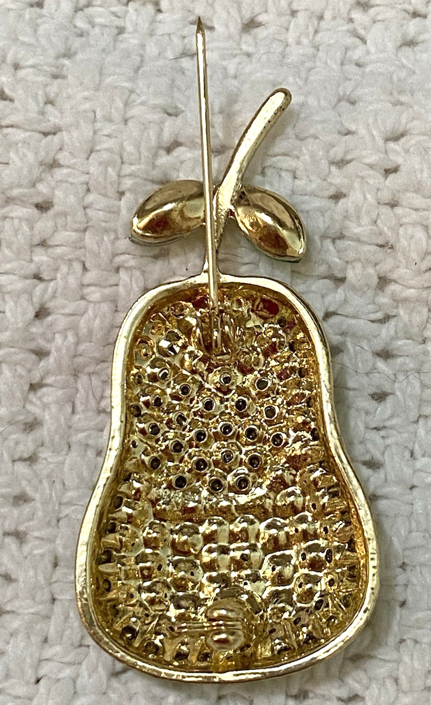 Vintage Pear Shape Pink And Green Rhinestone Gold Tone Brooch