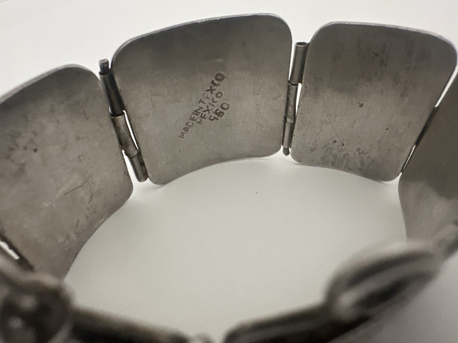 Vintage Early Taxco Mexico 980 Silver Panel Aztec Mayan Bracelet, 89 Grams