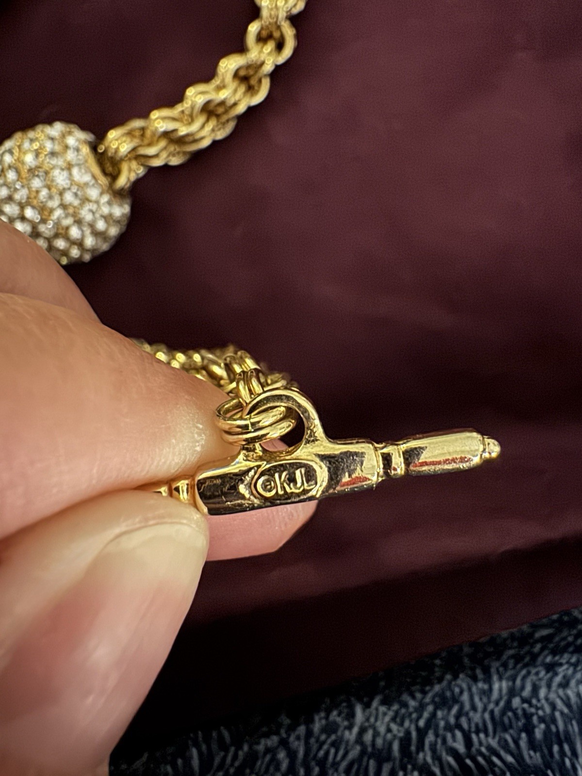 Kenneth Jay Lane KJL Signed 20” Knot Necklace with Crystal Ball Slider
