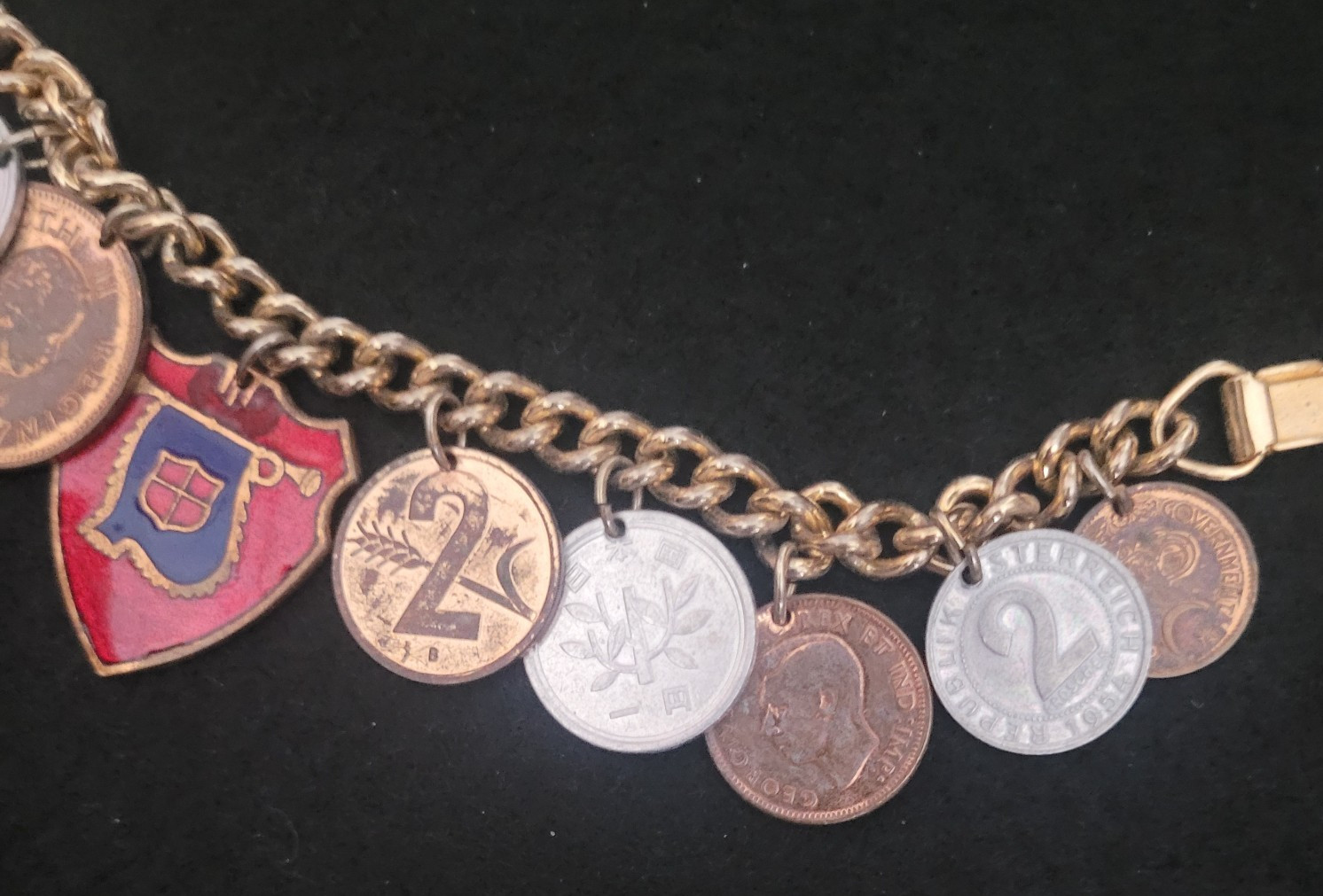 10 1930’s-1950’s Coins World Travel 6” Bracelet Can, Pak, Aut, Zaf, Jpn and Che