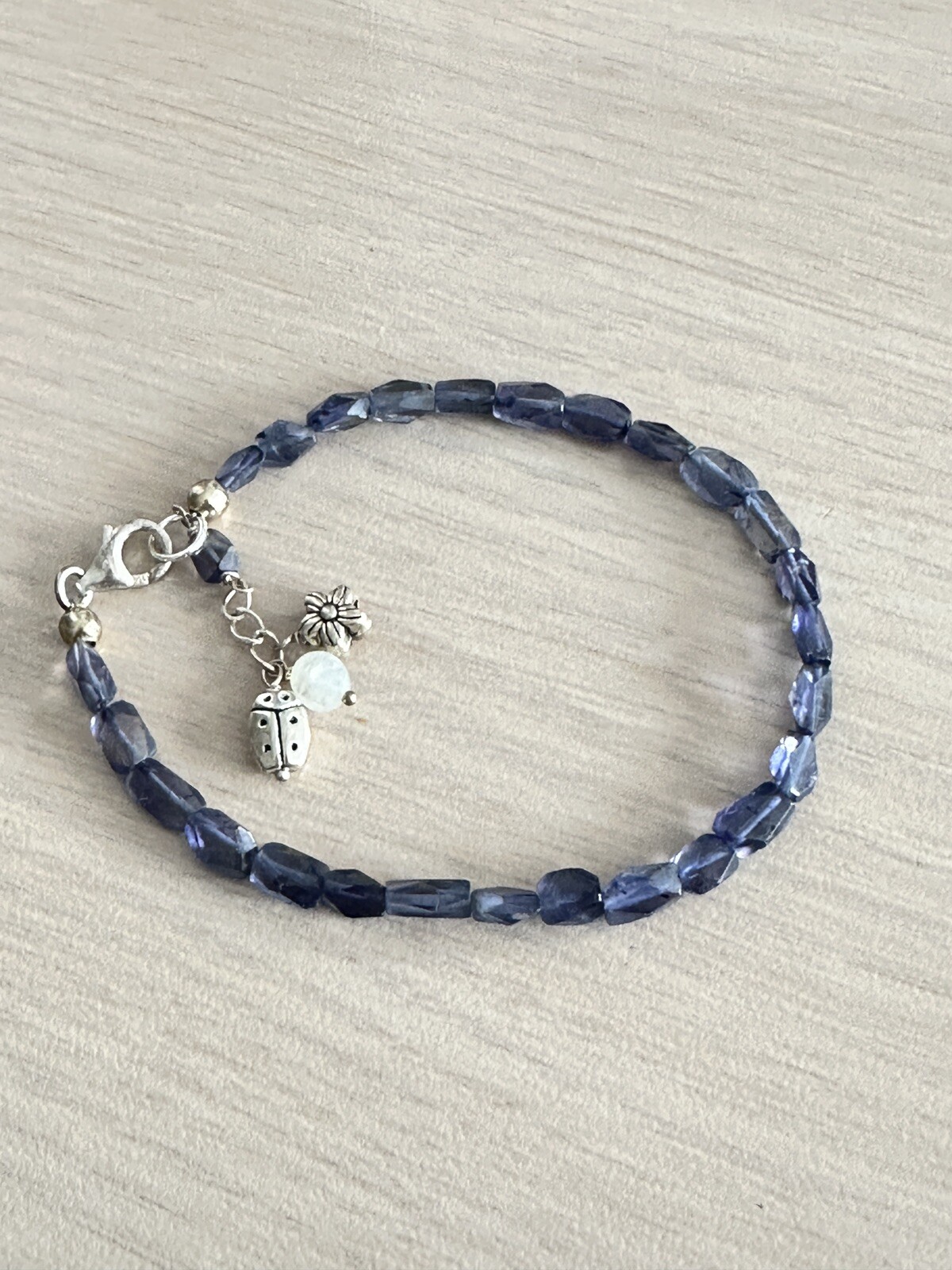 Sterling Silver Blue Iolite Beaded Bracelet 7 inch + 1 inch extender .925