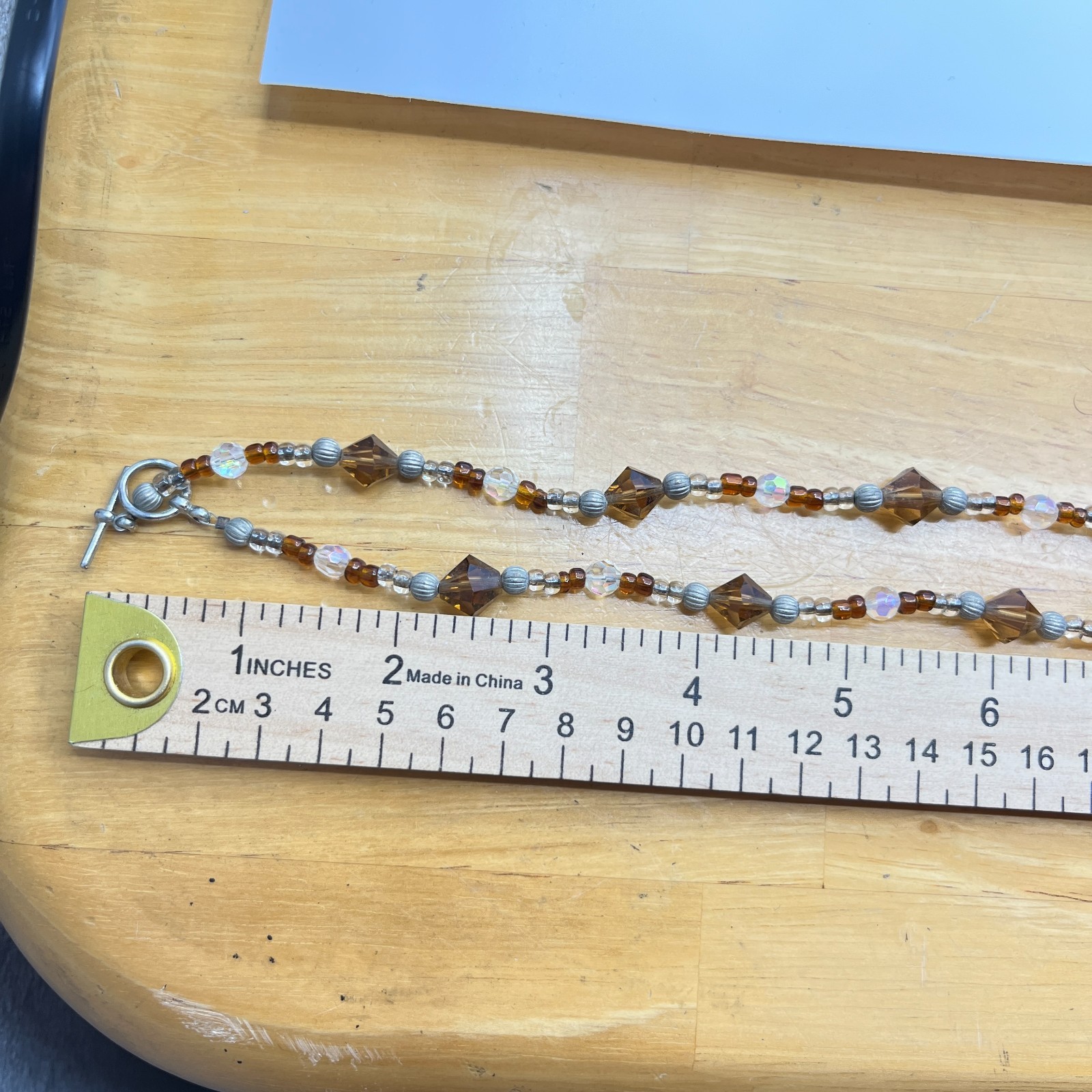 Vintage Amber Tone Crystal Beaded Necklace with AB Iridescent Accents Toggle