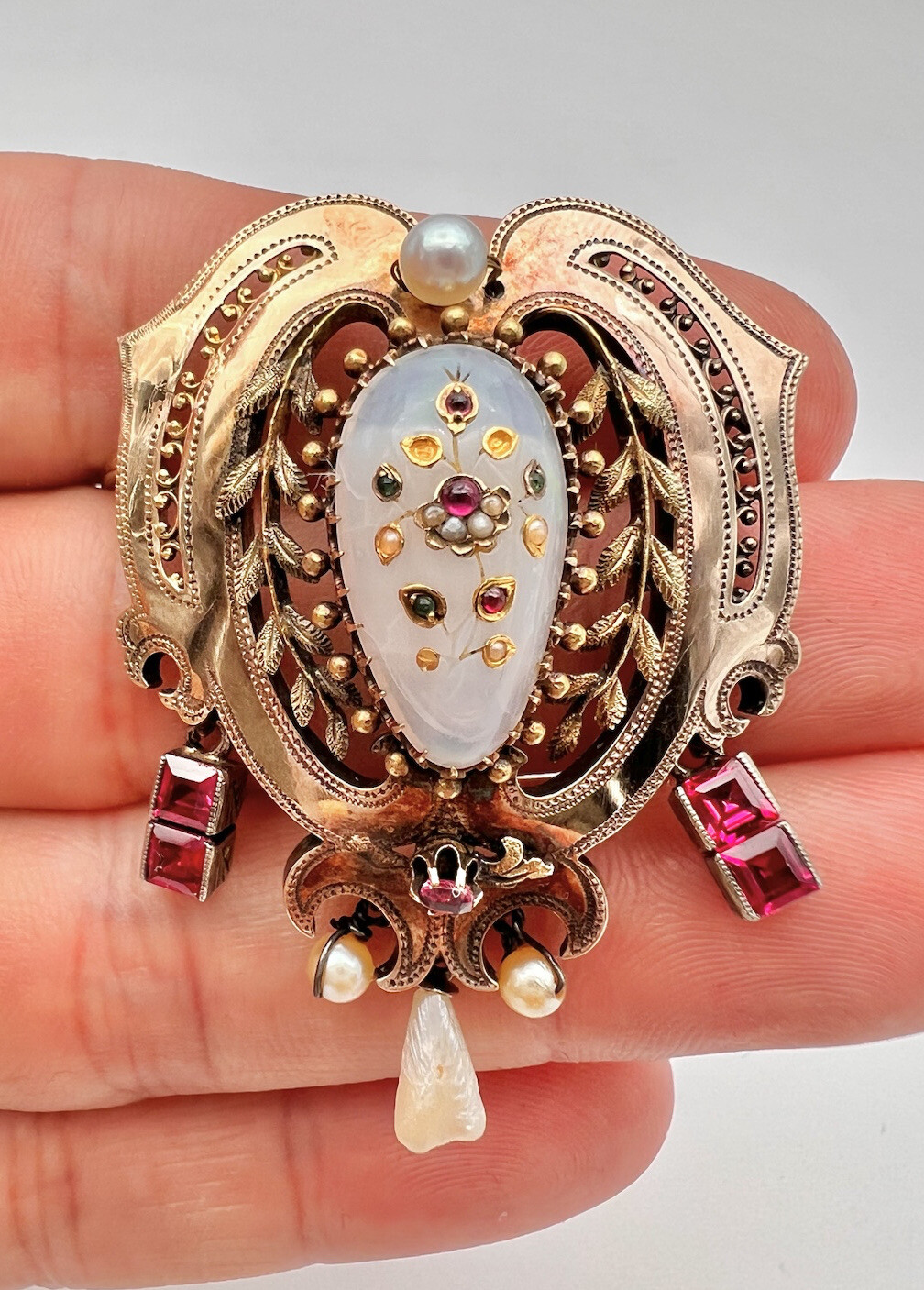 Victorian 14k Yellow Gold Rose of Sharon Opal & Ruby Emerald & Seed Pearl Brooch